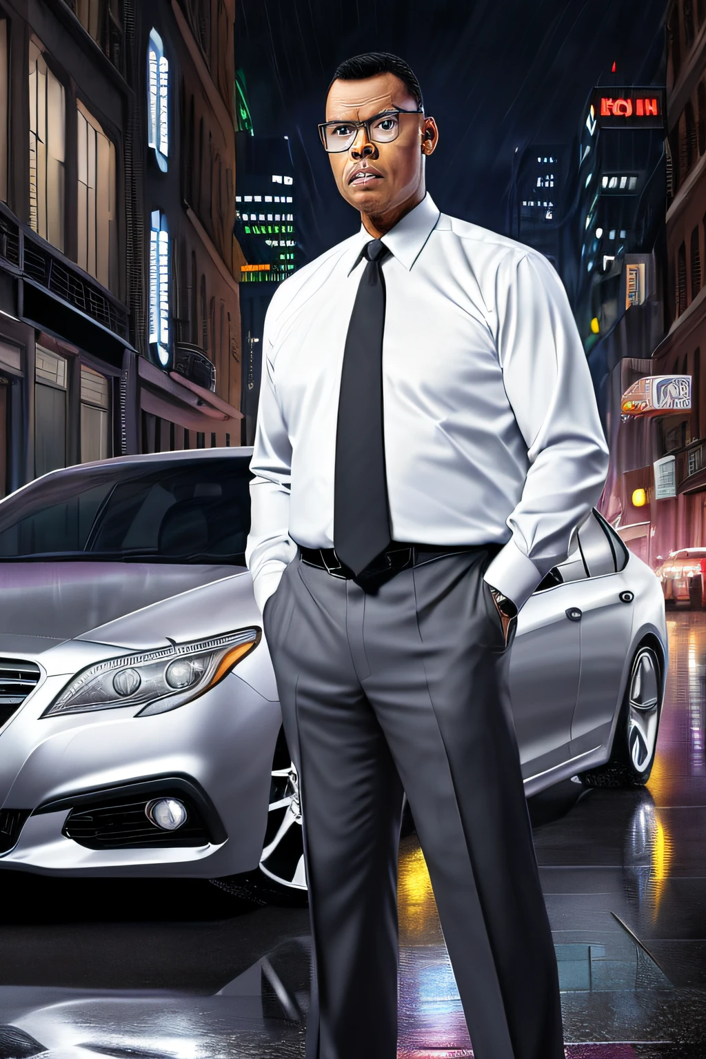 GuttonerdVision3, drawing of a man in glasses and social attire with a tie, posing next to his silver gray sedan car. Street with wet floor, night, illuminated buildings, hyperrealistic background, background blur. By Alex Ross, detailed, 8k