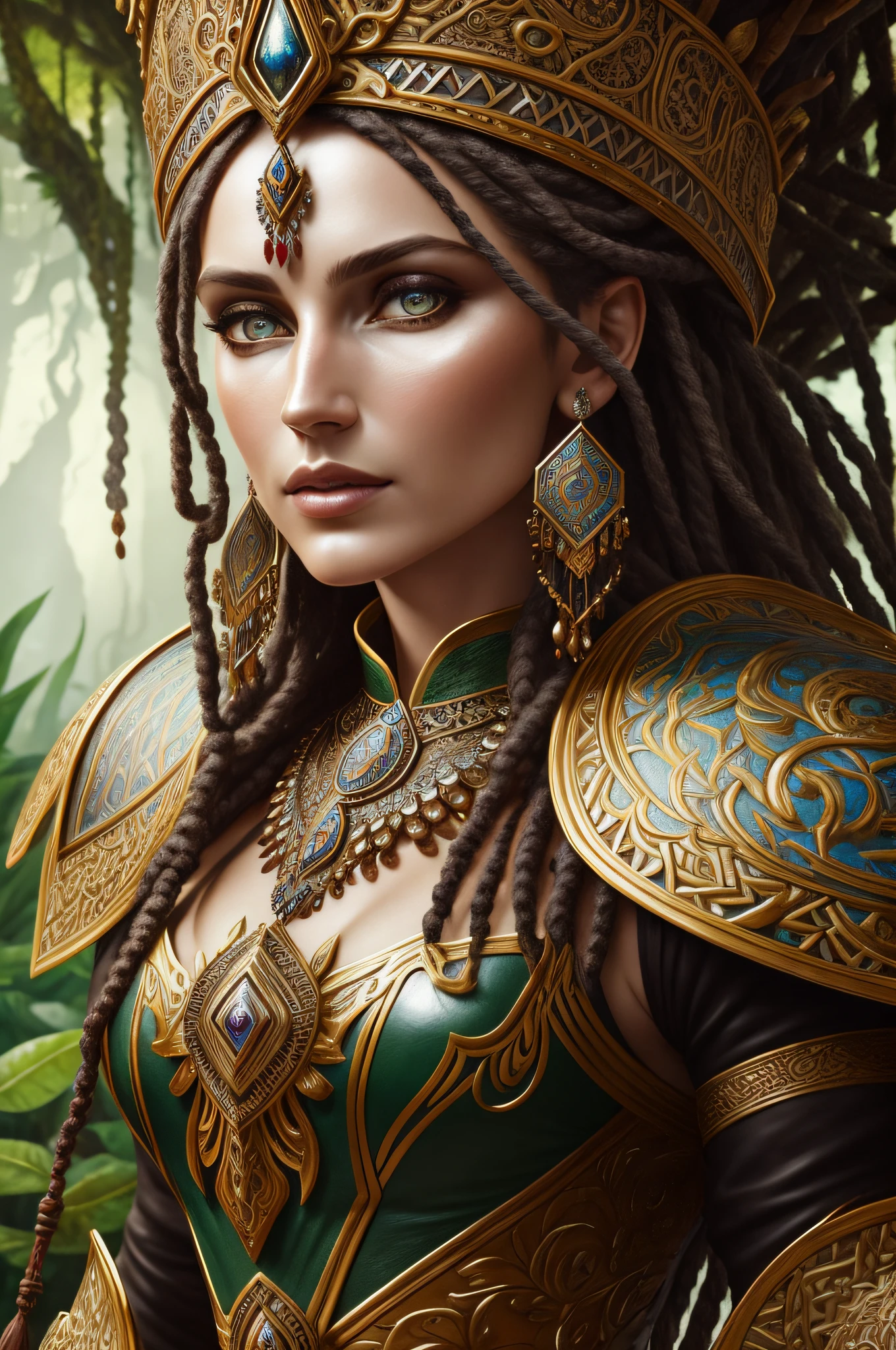 fantasy shaman, beautiful hungarian|indonesian woman, with dreadlocks, wearing ornate intricately decorated leather armor, realistic render, Dungeons and Dragons, Fantasy, octane render, zbrush. Character design, photorealistic, unreal engine, hyper-detailed, concept art, trending on art station. ((best quality)), ((masterpiece)), ((realistic)), (detailed), close up portrait, full body portrait, hazel eyes, wearing leather armor, highly detailed skin and hair, looking at the viewer, Fantasy art, stunning gradient colors, no watermark signature, closed mouth, detailed background, lush jungle, closed mouth, insanely detailed, ((masterpiece)), absurdres, HDR.