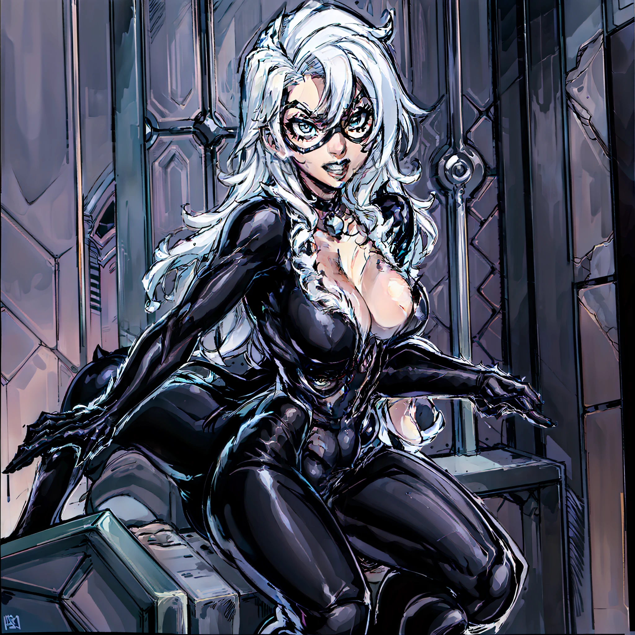 Black Cat, sitting, breasts,  winking,