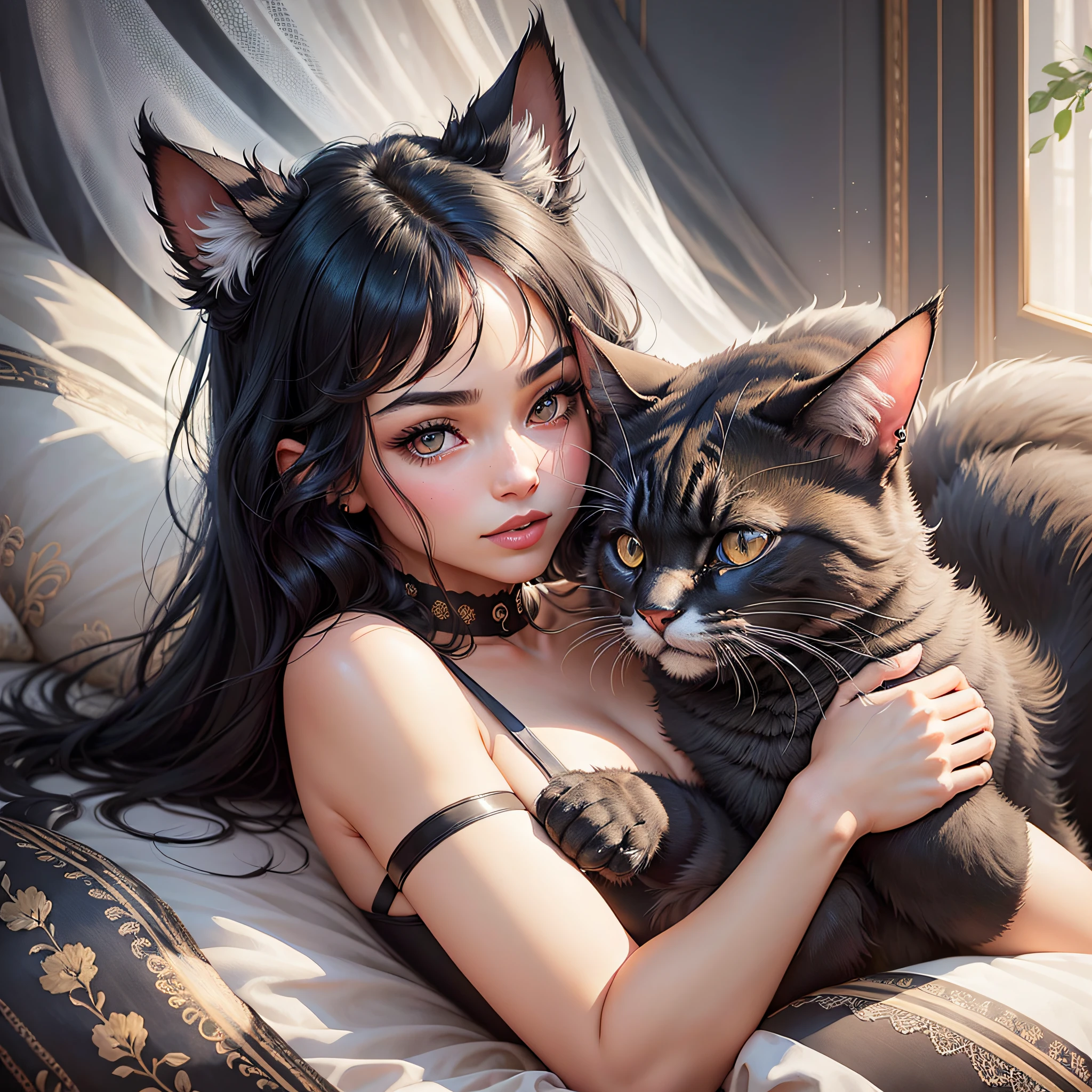 A detailed and charming description of a cute girl with long, silky black hair. Her ears and cat's tail add a playful touch to her appearance, while her feline eyes glow with a piercing and mysterious gaze. Lying on a soft bed, she assumes a sensual pose, exuding charm and self-confidence. Wearing black lingerie, she embodies elegance and sensuality. Around you, several cats of different species and nuclei snuggle together, creating a welcoming and motivated environment