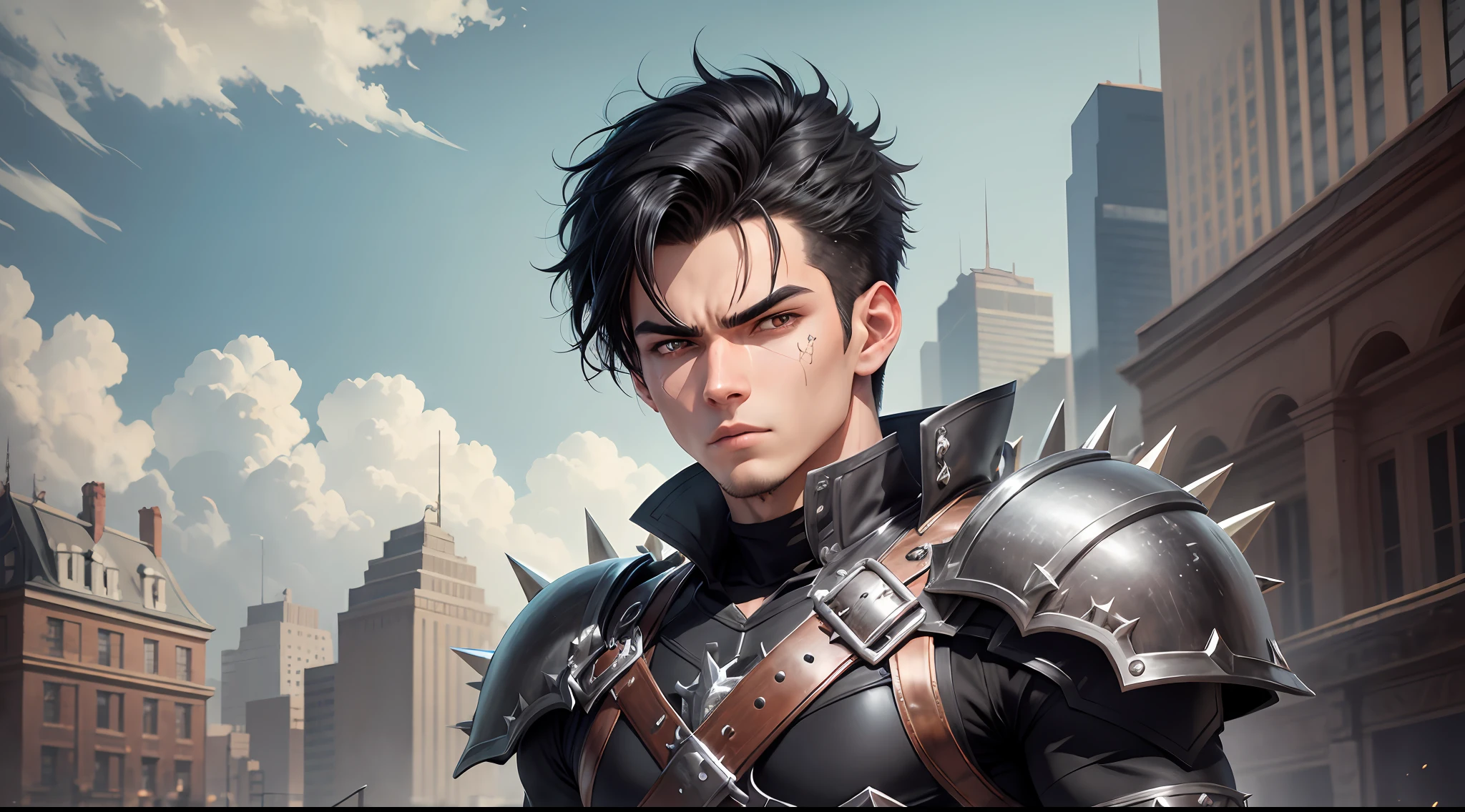 Original and unique authentic character, An athletic-looking young man with spiky black hair. He has intense, expressive eyes that shine with determination. He wears practical and functional clothing, with a unique costume that identifies him as the Bearer of Eternity. He carries a special sword with him, he is 20 years old. --auto --s2