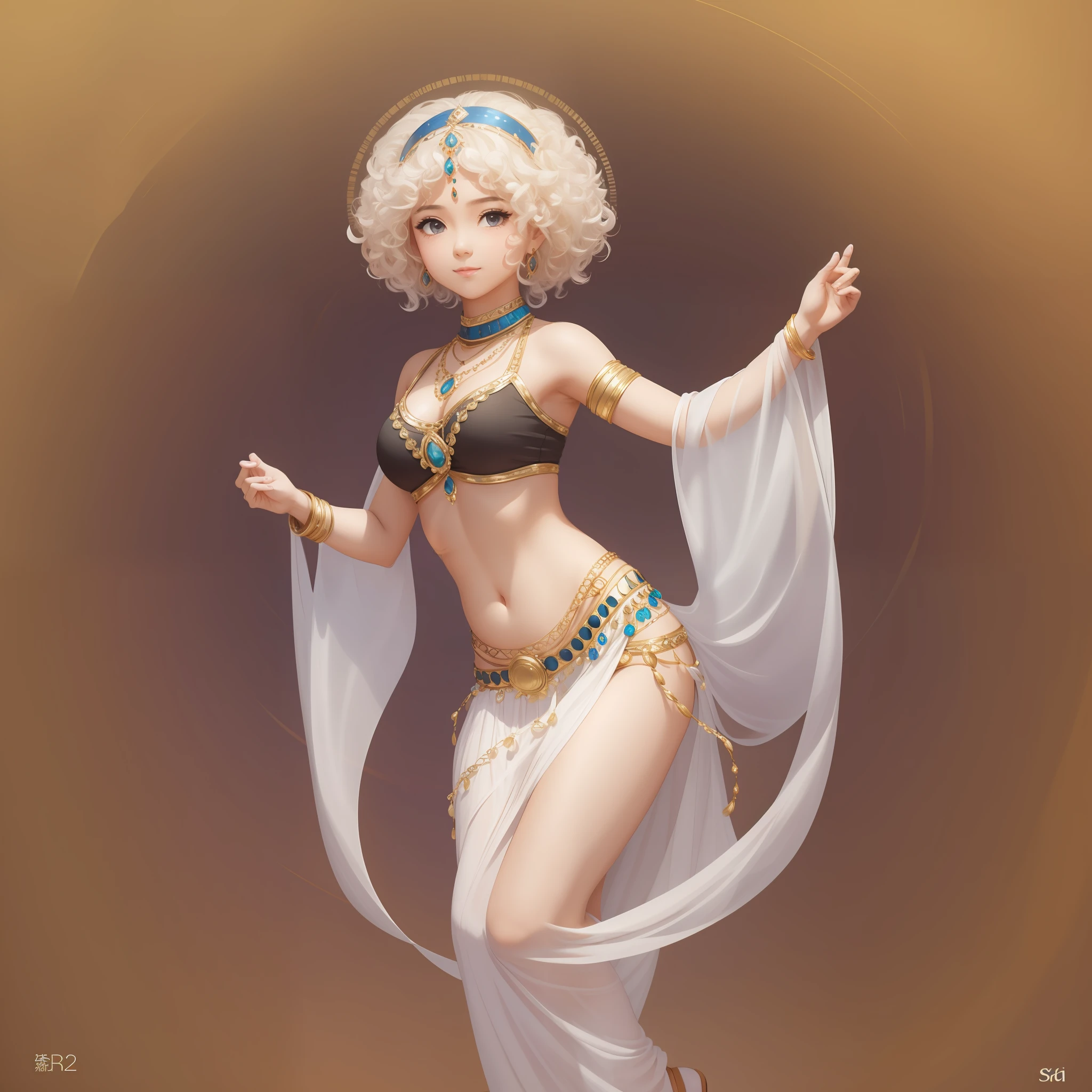 A girl, slightly round face, dancing belly dance, full body, white, short curly hair, striking look --auto --s2