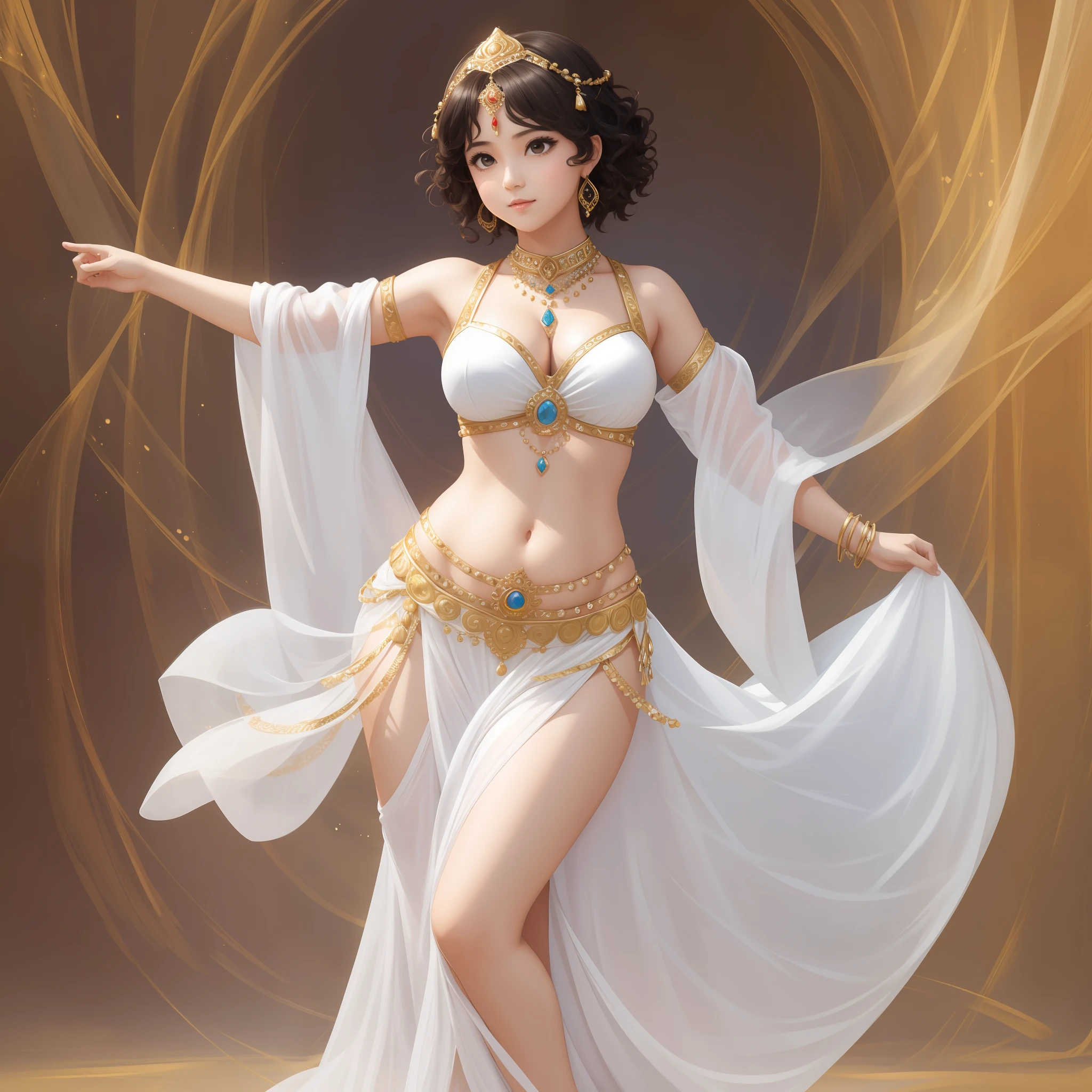 A girl, slightly round face, dancing belly dance, full body, white, short curly hair, striking look --auto --s2