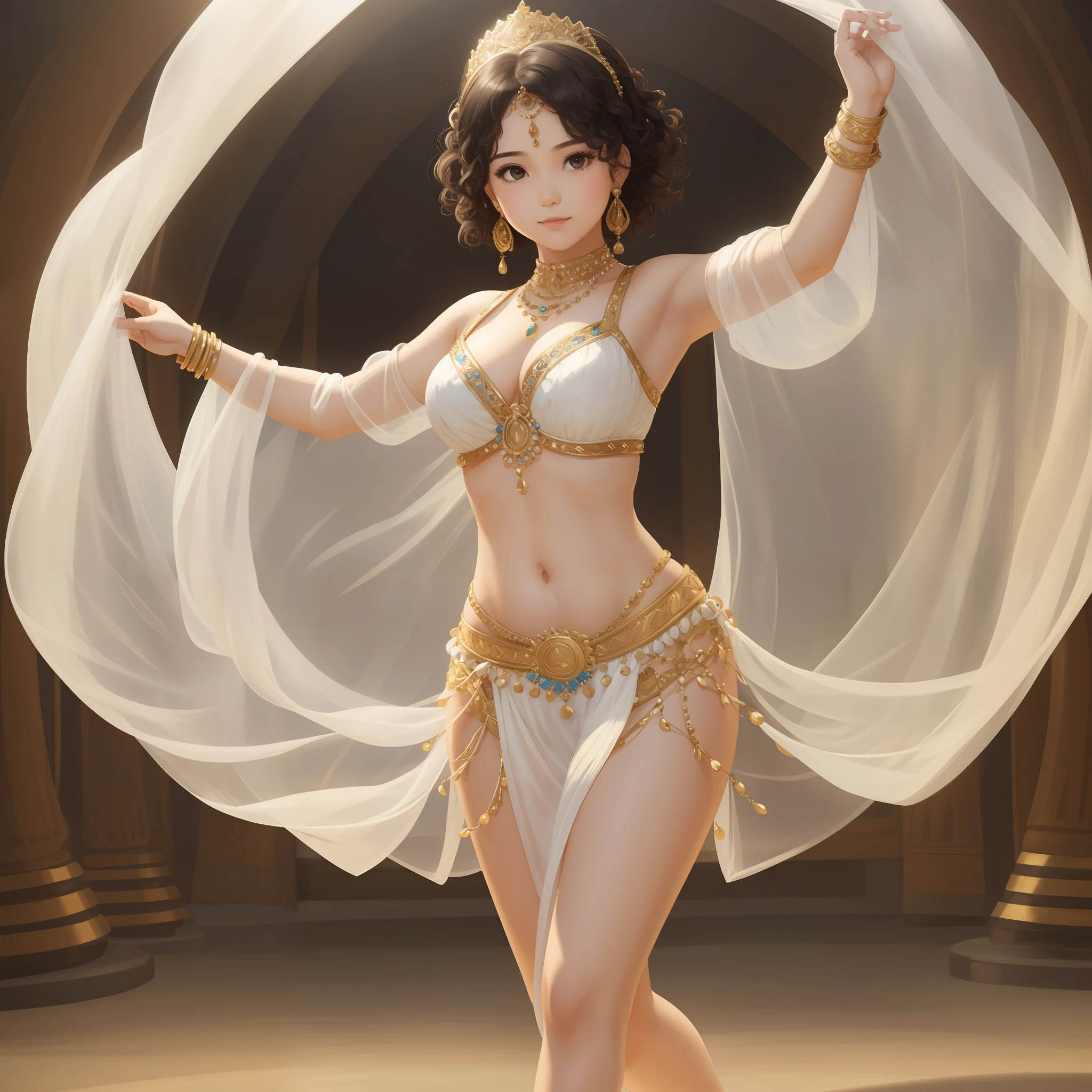 A girl, slightly round face, dancing belly dance, full body, white, short curly hair, striking look --auto --s2