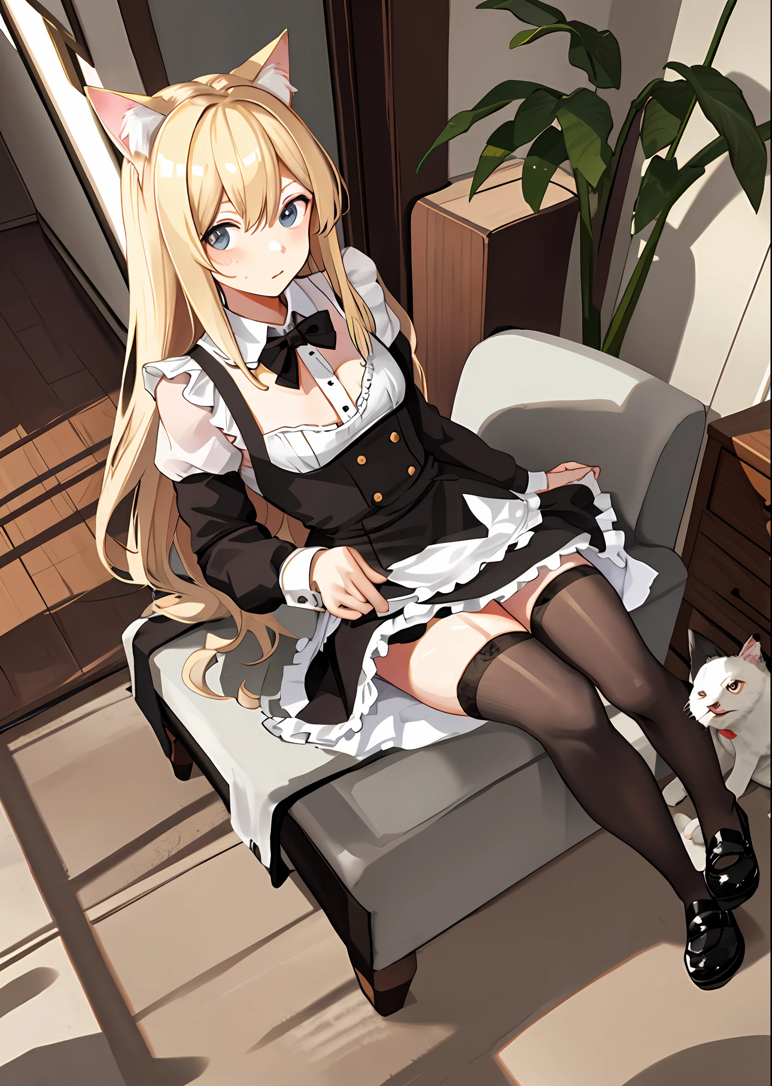 maid.blonde.long.sweaty.cat-eared.open legs.1 girl,solo,sitting,looking_at_viewer,black_thighhighs,
