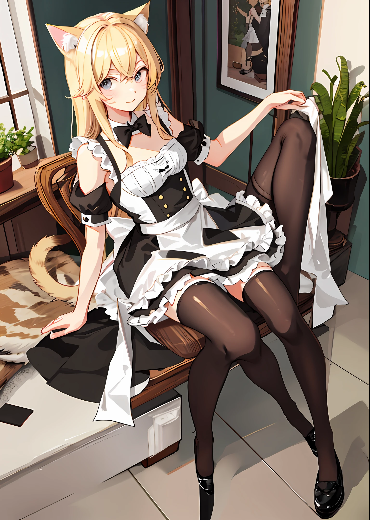 maid.blonde.long.sweaty.cat-eared.open legs.1 girl,solo,sitting,looking_at_viewer,black_thighhighs,