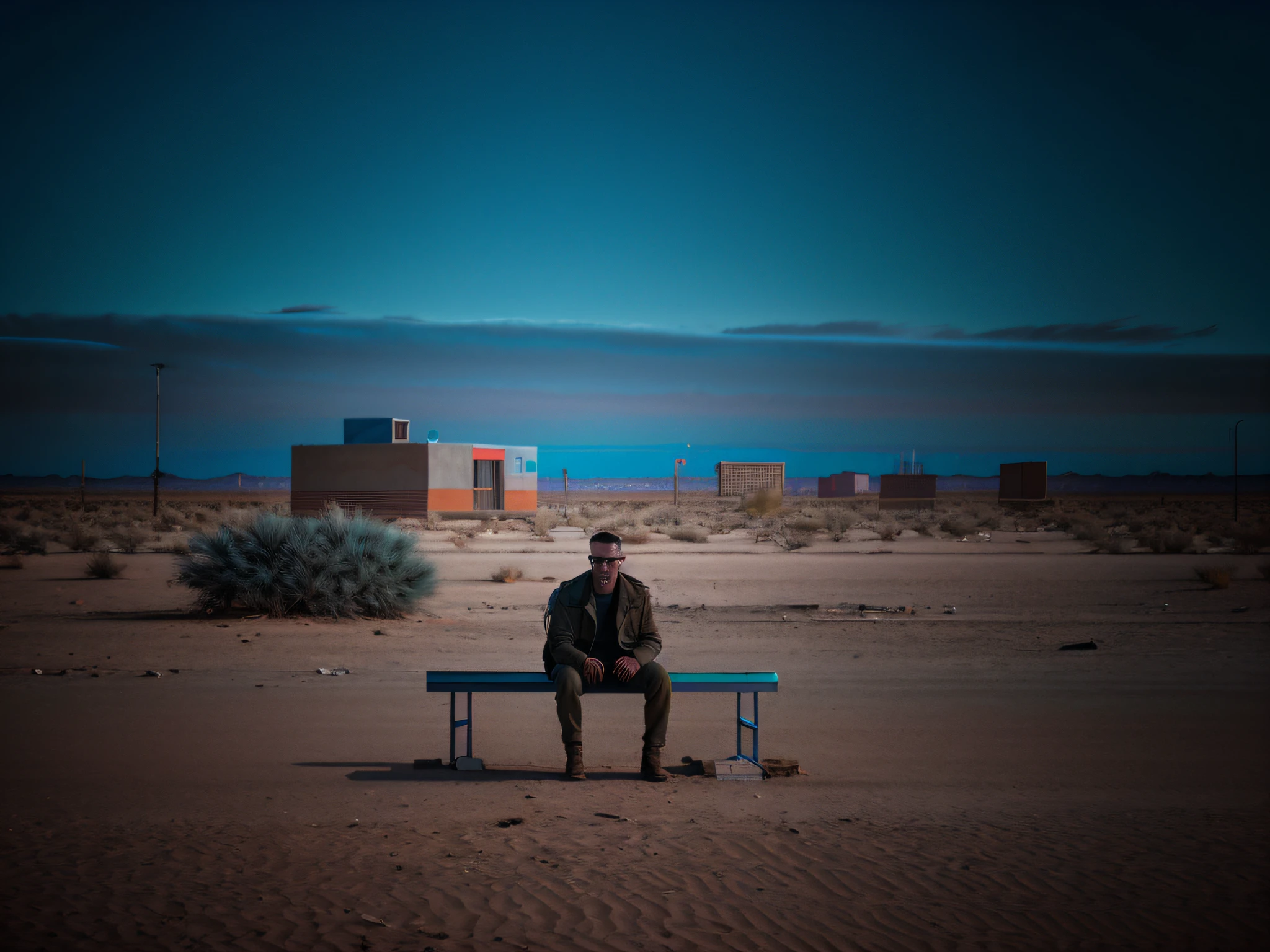 young man sitting on a square bench, totally alone and isolated, with desert background, russianebenya, cyberpunk, dark night, film still, 80mm lens, masterpiece, best quality, (film grain: 1.1), ultra high res, RAW