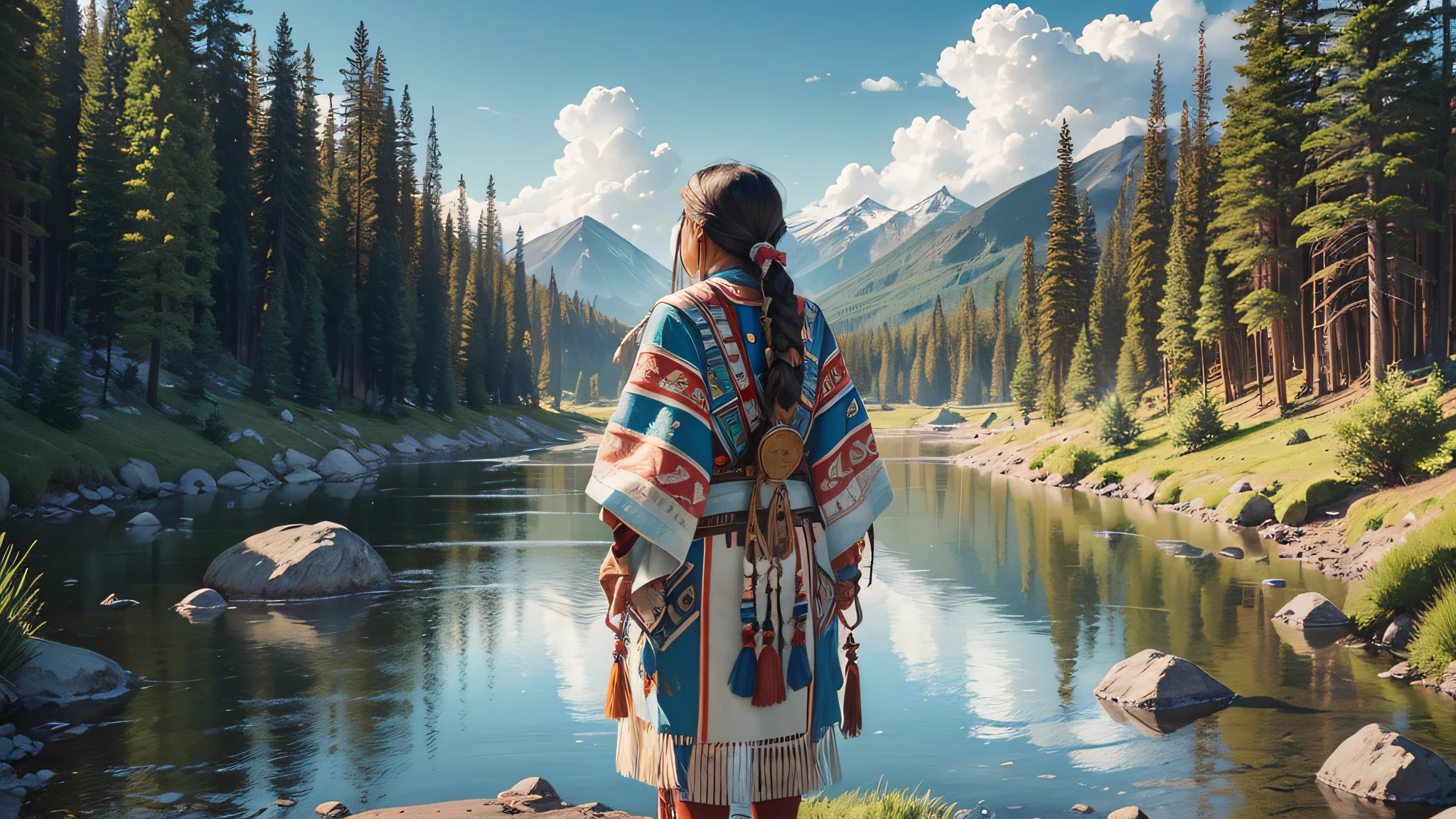 Please generate an image of two Native Americans engaged in a deep and meaningful gaze. The setting should be in a serene natural environment, perhaps near a tranquil river or a peaceful meadow. Both individuals should be dressed in traditional Native American attire, showcasing their unique tribal heritage. Their faces should express a profound sense of connection, wisdom, and mutual respect, capturing the essence of their shared history and cultural bond. The image should evoke a sense of introspection and evoke curiosity about their stories and experiences as Native Americans. --auto --s2