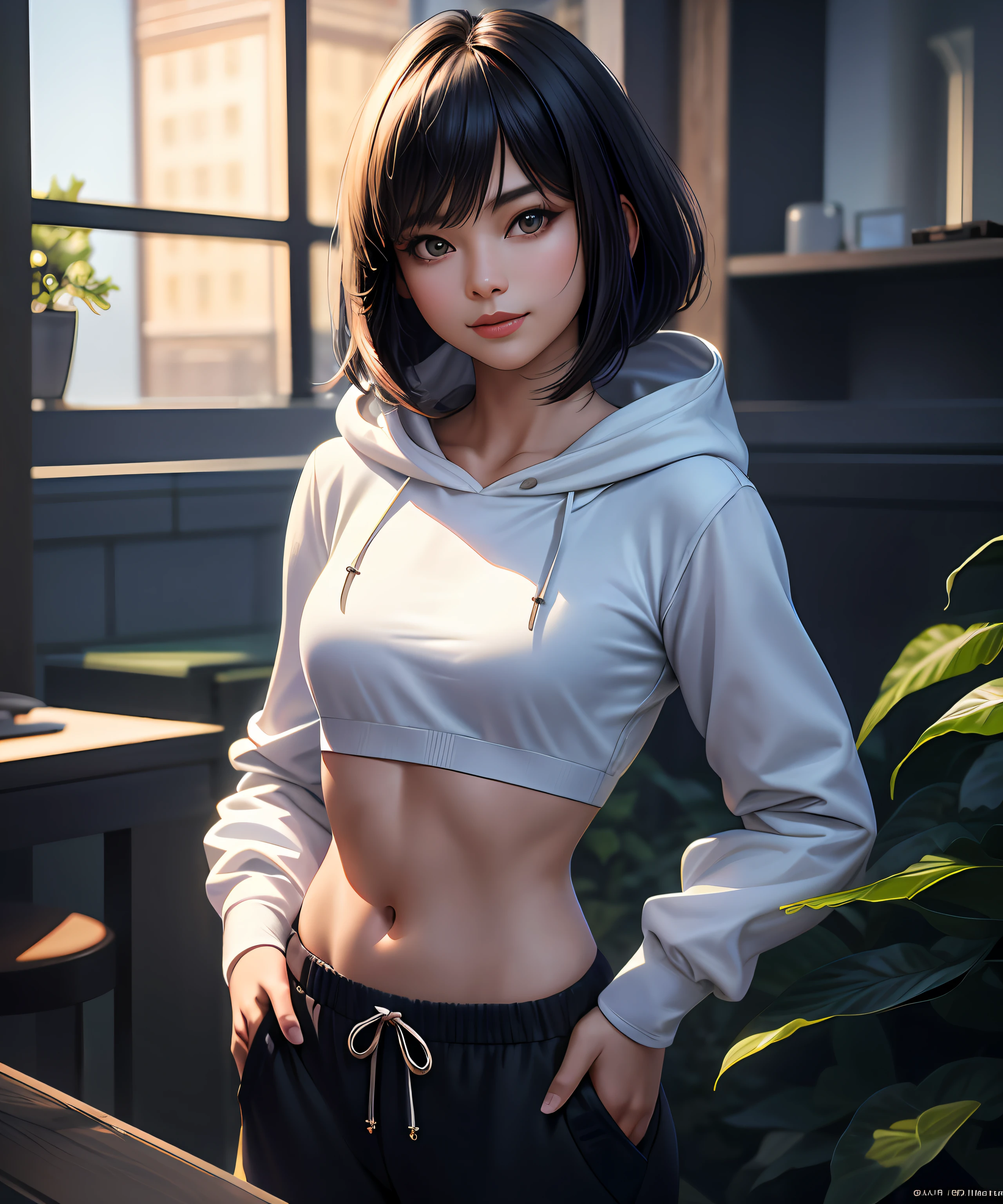 1 girl, beautiful Korean girl, (Cute Loose Bob hair), (wearing a cropped hoodie, capri sweatpants:1. 5), (hands in pockets:1. 5), (red lips:1. 3), (small breasts:1. 3), (toned stomach:1. 3), (eyelashes:1. 2), (aegyo sal:1. 2), beautiful detailed eyes, symmetrical eyes, (detailed face), immersive background, volumetric haze, global illumination, soft lighting, (flowing hair), (bright smile), natural lighting, (realistic:1.5), (lifelike:1.4), (4k, digital art, masterpiece), High detail digital painting, realistic, (top quality), (soft shadows), (best character art), ultra high resolution, highly detailed digital artwork, physically-based rendering, realism with an artistic touch, vibrant colors, f2.2 lens, soft palette, natural beauty.