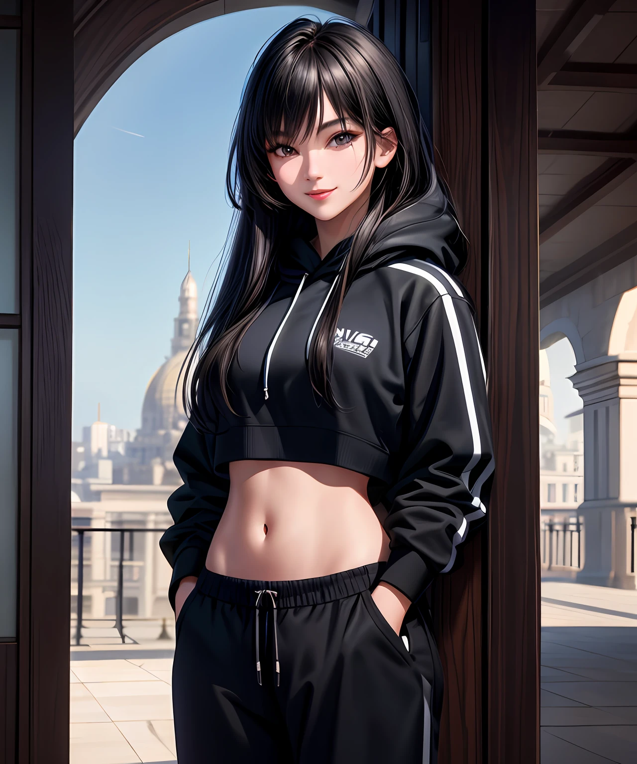 1 girl, beautiful Korean woman, (Bob's cute flowing hair), (in a cropped hoodie, capri sweatpants: 1. 5), (hands in pockets: 1. 5), (red lips: 1. 3), (small breasts: 1. 3), (toned belly: 1. 3), (eyelashes: 1. 2), (aegyo sal: 1. 2), beautiful detailed eyes, symmetrical eyes, (detailed face), immersive background, voluminous haze, global illumination, soft lighting,   (loose hair), (bright smile), natural light, (realistic: 1.5), RAW photo,detailed fingers,beautiful hands,(realistic: 1.4), (4k, digital art, masterpiece), digital painting with high detail, realism, (high quality), (soft shadows), (best character image), ultra-high resolution, highly detailed digital graphics, physical rendering, realism with an artistic touch, vivid colors, f2.2 lens, soft palette, natural beauty.