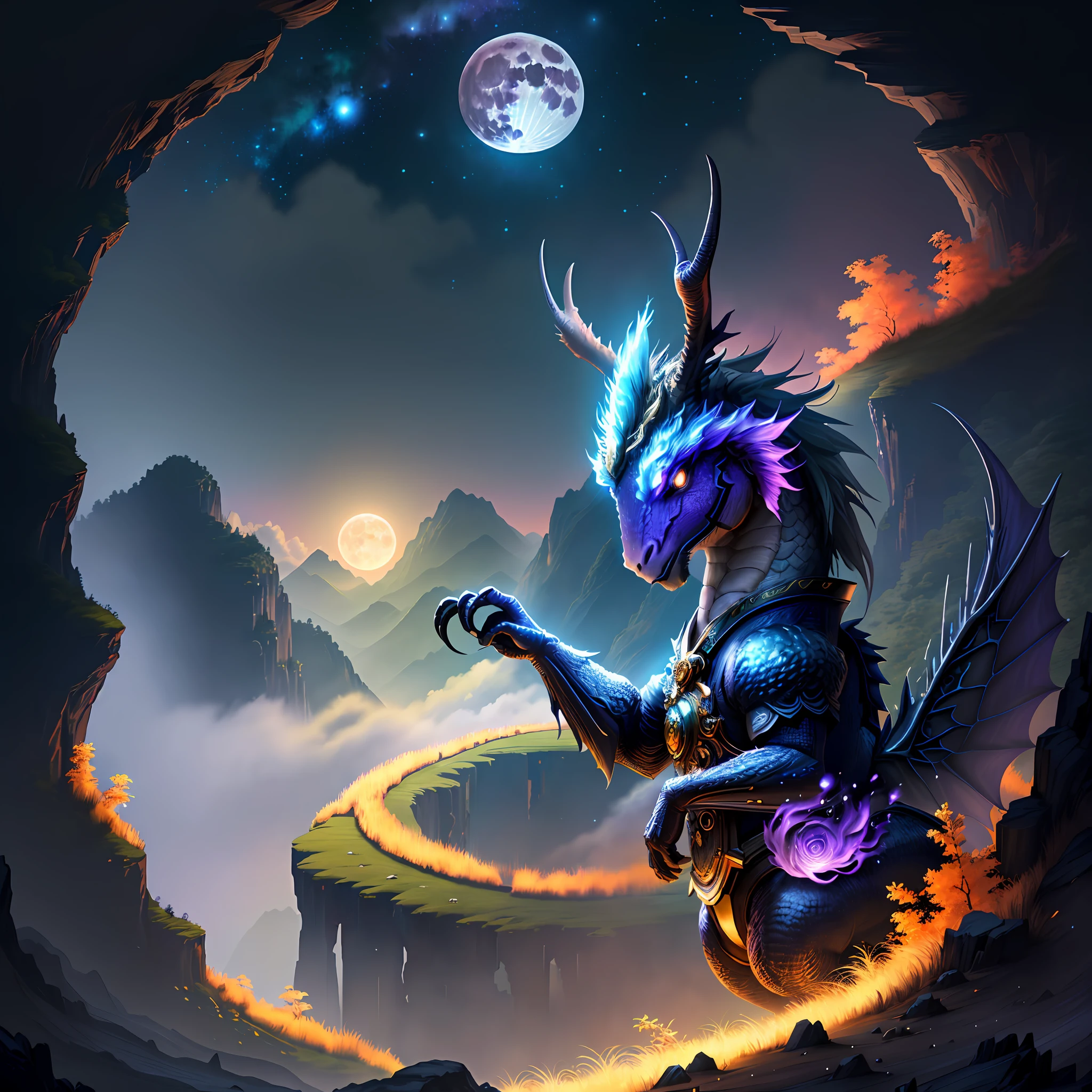 Vast landscape photos, (looking at the sky and the wilderness below), "A rabbit, magical, anthropomorphic, girl, angry expression, glowing eyes, Wanruo mask, Hanfu, background of ancient Chinese streets, night." Genshin Impact Impact, Best Quality, High Detail, High Quality, Ultra High Resolution, OC Rendering, 8K" Standing in a Flower Field and Looking Up, (Full Moon: 1.2), (Meteor: 0.9), (Nebula: 1.3), Far Away Mountains, Tree Breaking Making Art, (Warm Source: 1.2), (Firefly: 1.2), Lights, Purple and Orange, Intricate Details, Volumetric Lighting BREAK (Masterpiece: 1.2), (Highest Quality), 4K, Ultra Detailed, (Dynamic configuration: 1.4), Highly detailed and colorful details (rainbow color: 1.2), (Sparkling lighting, atmospheric lighting), Dreamy, magical, (Solo: 1.2), (Ying Dragon God), (Through the clouds), (Top of the mountains), (Complex), (Super Detail), (Starry Sky Background), (Stout Limbs), (Moon Night), (Ultra Clear), (Best Quality),