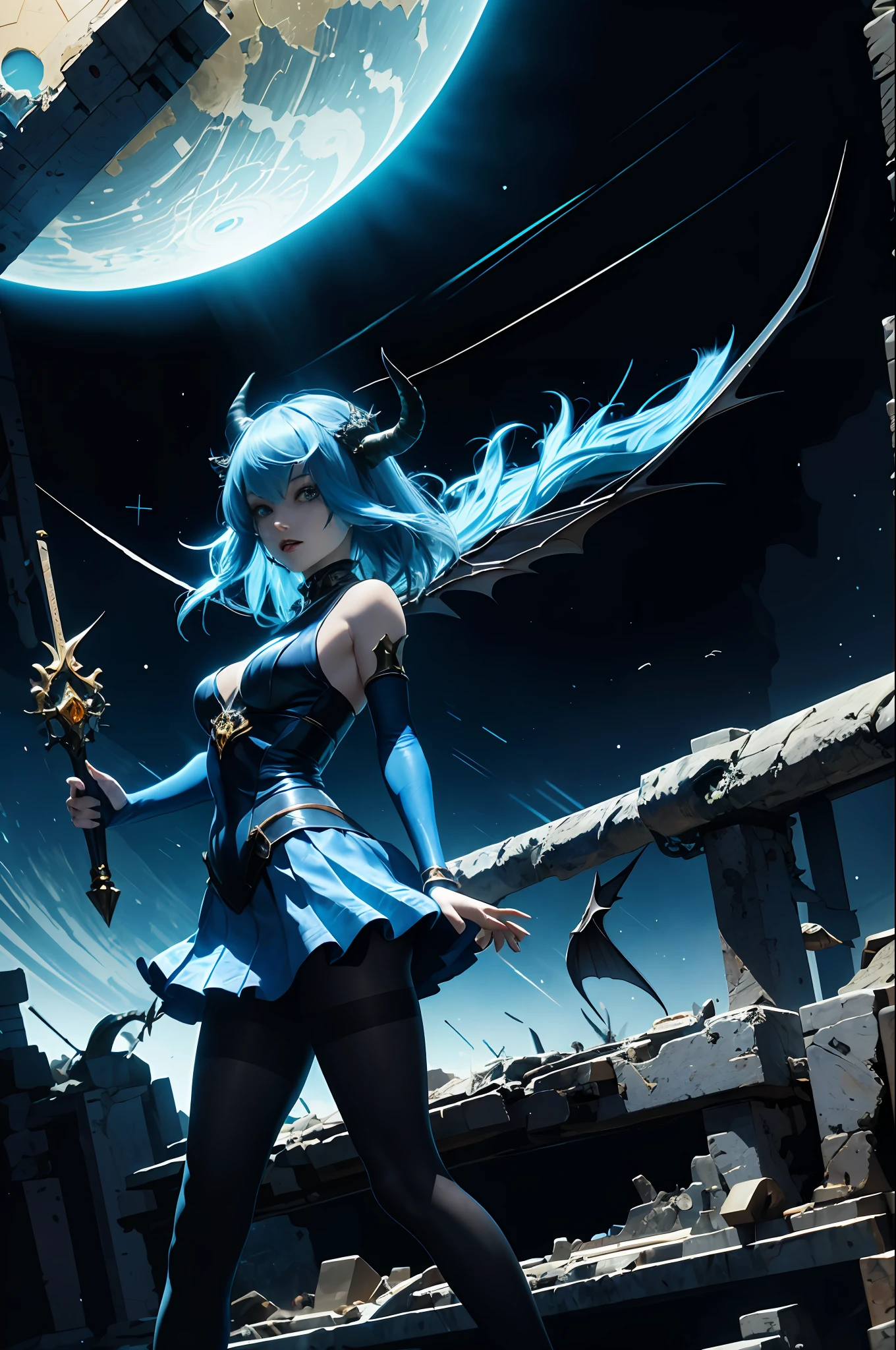 (masterpiece: 1.2, best quality), (1 , solo),bad luck \(league of legends\),blue (pantyhose:1.1), large breasts, (Dynamic stance), demon girl, ( small demonic horns:1.1), (, (heaven), )