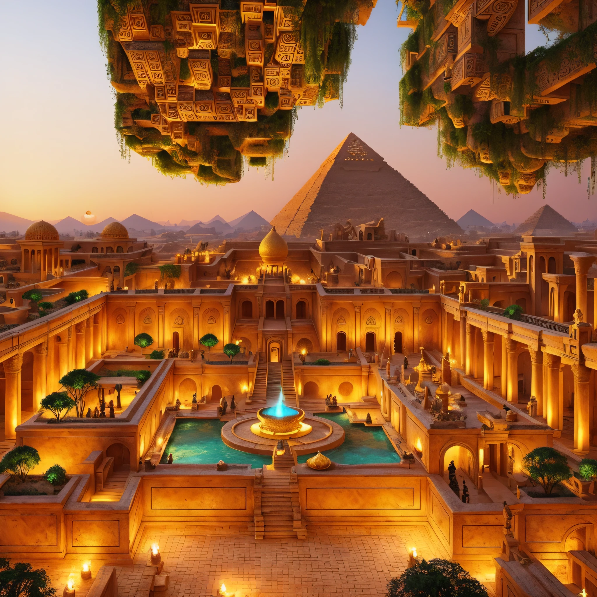 Hanging Garden of Babylon with hot springs, pyramids with golden details, early evening, lit torches, marble sphinxes, wooded bagels with white curtains --auto --s2