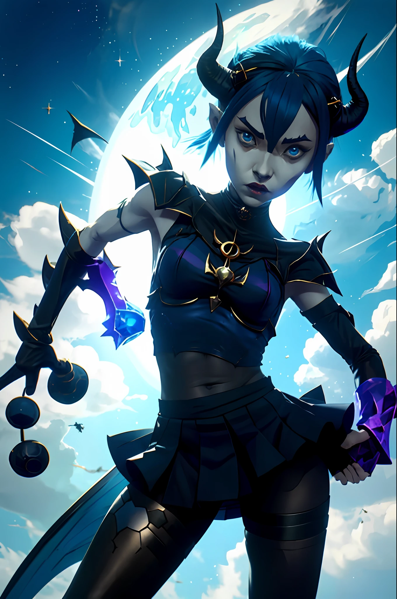 (masterpiece: 1.2, best quality), (1 , solo),bad luck \(league of legends\),blue (pantyhose:1.1), large breasts, (Dynamic stance), demon girl, ( small demonic horns:1.1), (, (heaven), )