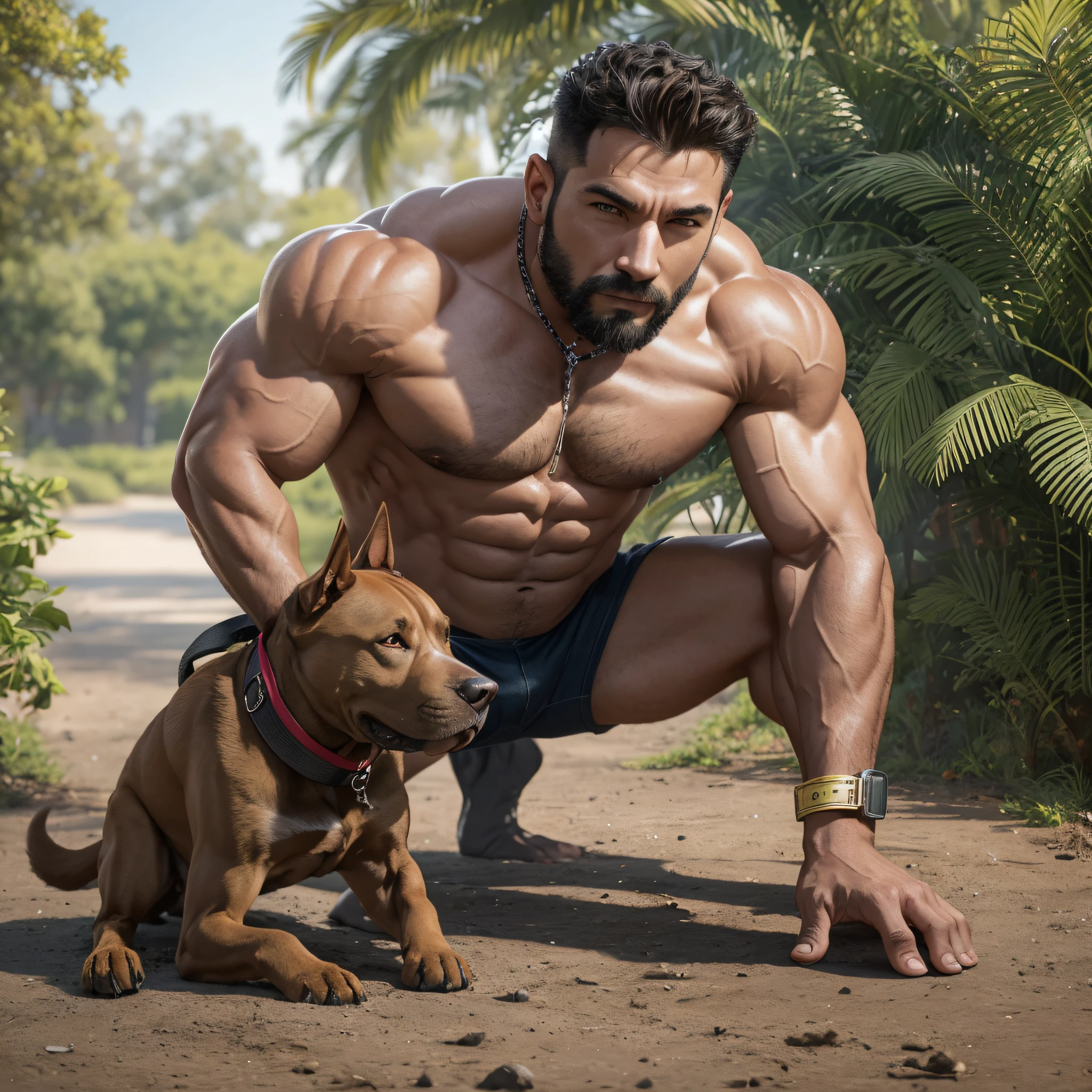 Use artificial intelligence to create a 3D image of a muscular man 1.63 meters tall. He has brown skin, short, curly hair in a gradient cut with stylized scratch. In this scene, he is holding a leash with a pit bull, the famous and strong breed dog. Explore every detail, from the definition of the man's muscles to the pit bull's attentive and confident expression. Create an engaging setting that underscores the strength and connection between the man and his loyal canine companion. Let the imagination flow and harness the power of artificial intelligence to bring this stunning 3D image to life. May this visual representation inspire and delight, capturing the special union between the man and his beloved pit bull. --auto --s2