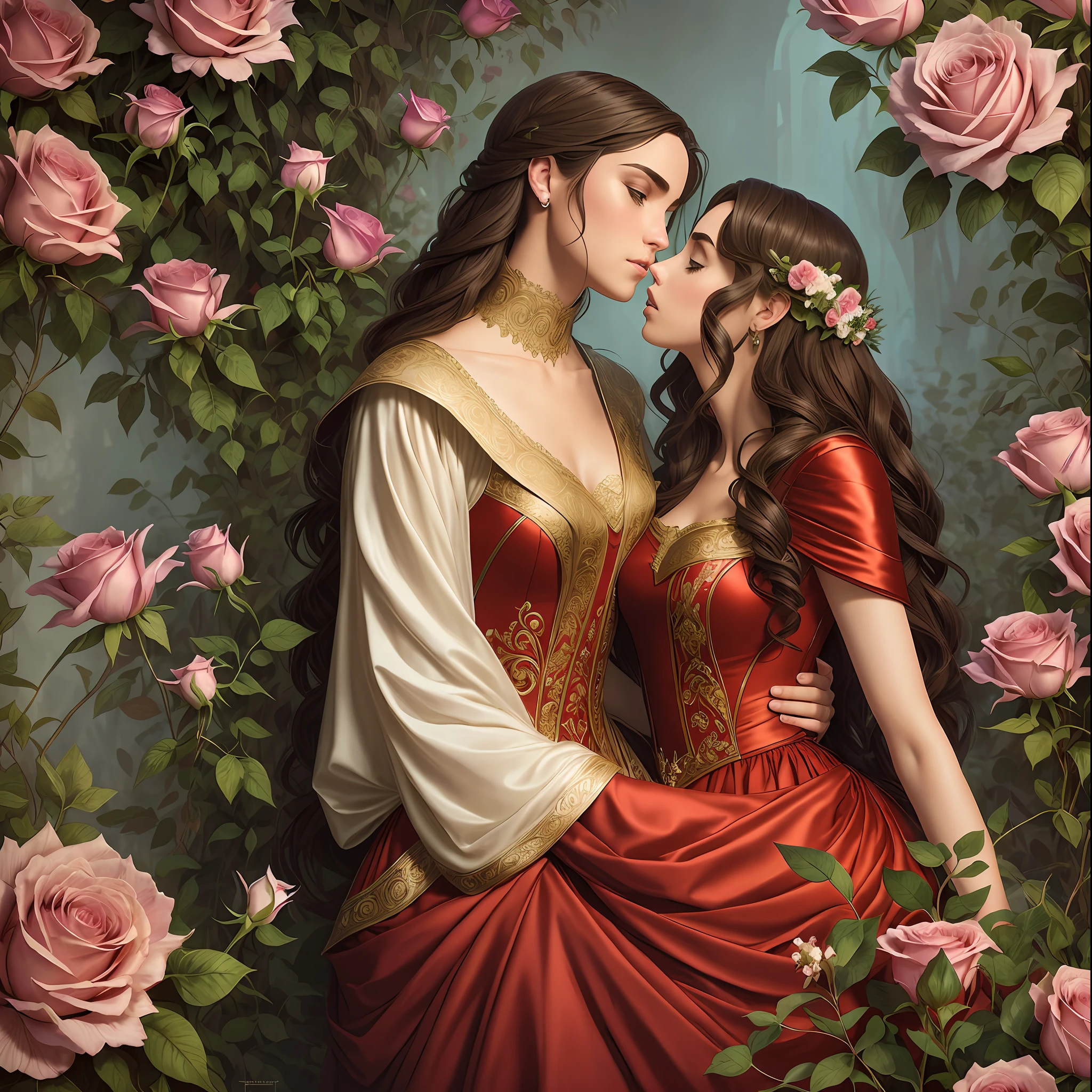 Couple kiss very affectionately, Neels Visser is a prince who has golden blond hair, wears a medieval military outfit and is in love with the commoner Lily Collins, who has curly brunette black hair and wears a red dress, illustration of a romance book cover with a detailed, smooth, bright background filled with flowers covered in ivy and red roses, ornate gown standing in a bed of roses, rim light, dynamic lighting, etherial lighting, ultra detail, concept art, elegant, surreal, art by Lisa Aisato, Greg Hildebrandt, Citemer Liu, Stjepan Sejic, Samyang, Aykut Aydogdu, Justin Gerard, Alphonse Mucha, Artgerm, WLOP, and Greg Rutkowski