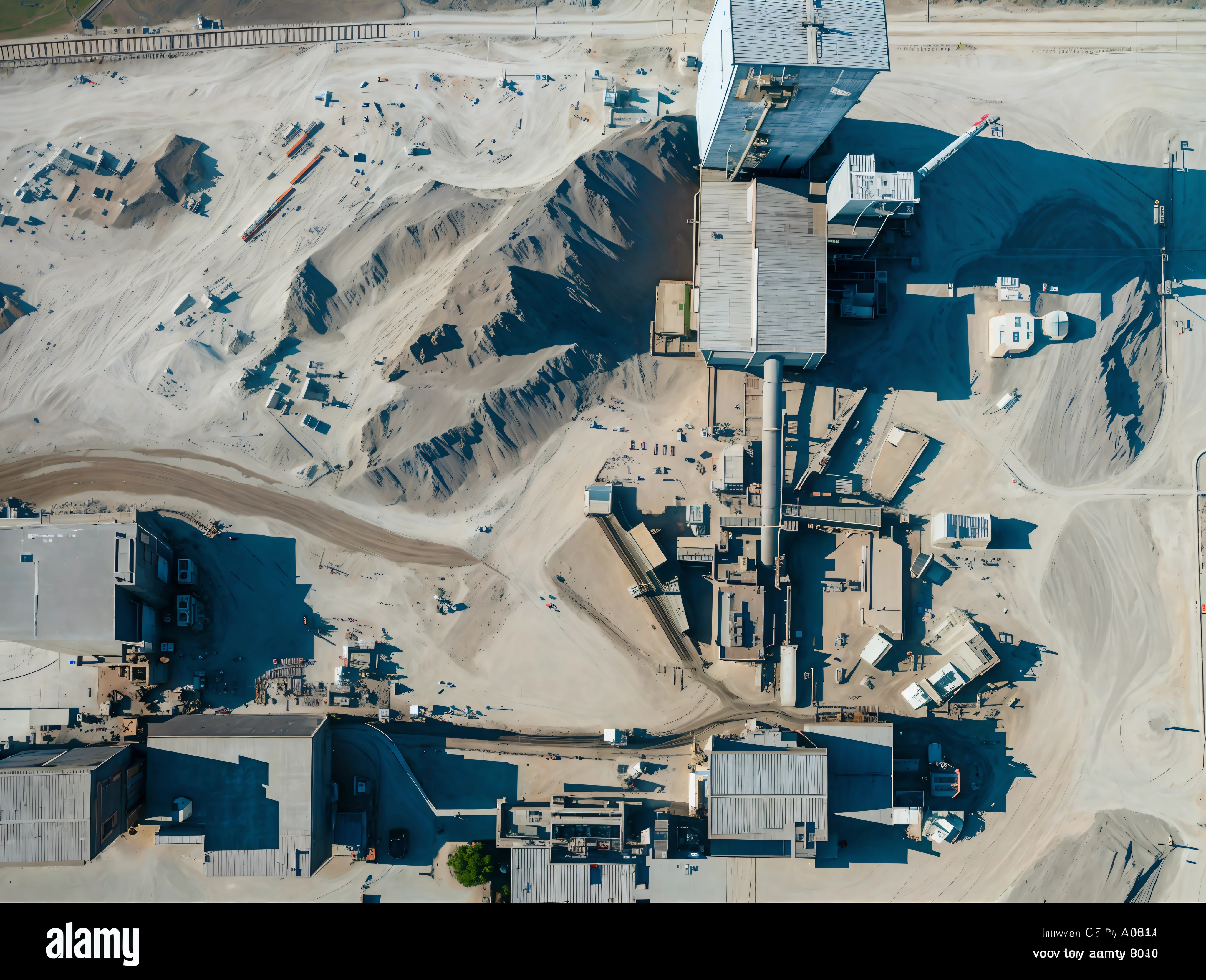 aerial view of a cement factory with a large amount of sand and gravel - viewed from above, overhead photography, overhead shot, shot from above, photo from above, photograph from above, drone perspective, mining outpost, rock quarry location, industrial plant environment, aerial view cinestill 800t 18mm, shot from a drone, photo taken from above --auto --s2