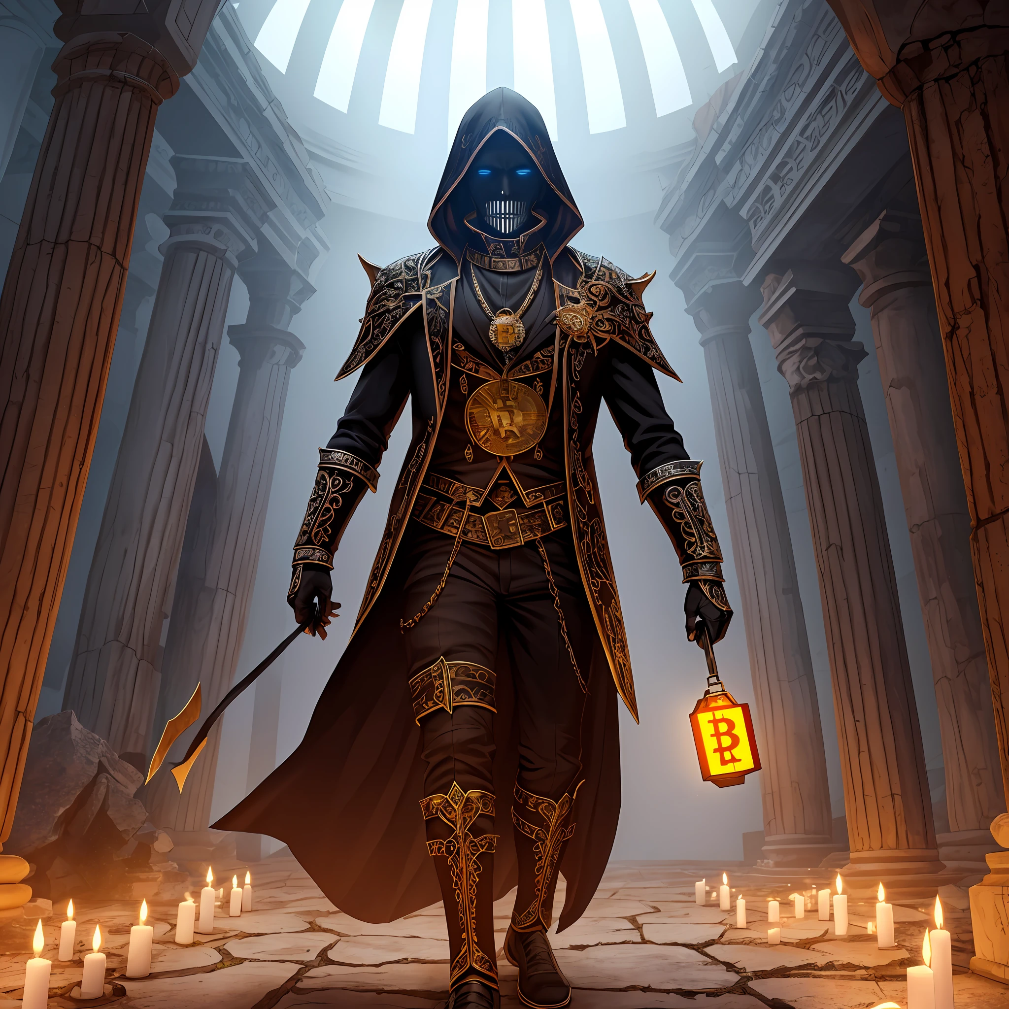 (extremely detailed 8k wallpaper),a medium shot photo of a fearful necromancer, Intricate, High Detail, dramatic, holding a glowing bitcoin on left hand, walking inside ancient ruin