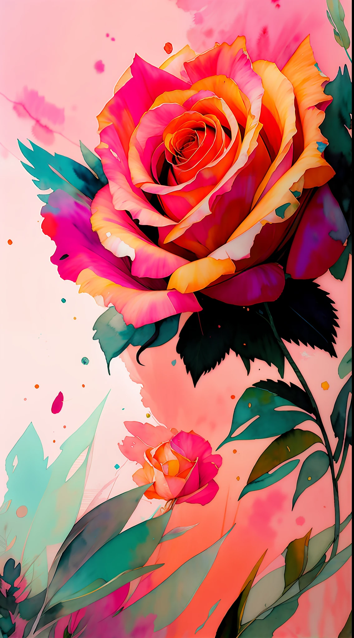 wtrcolor style, (rose) digital art, official art, blown by the wind, masterpiece, beautiful, ((watercolor)), paint splatter, intricate detail. Great detail, [dripping:0.7], Trending on Artstation, Rachel Walker