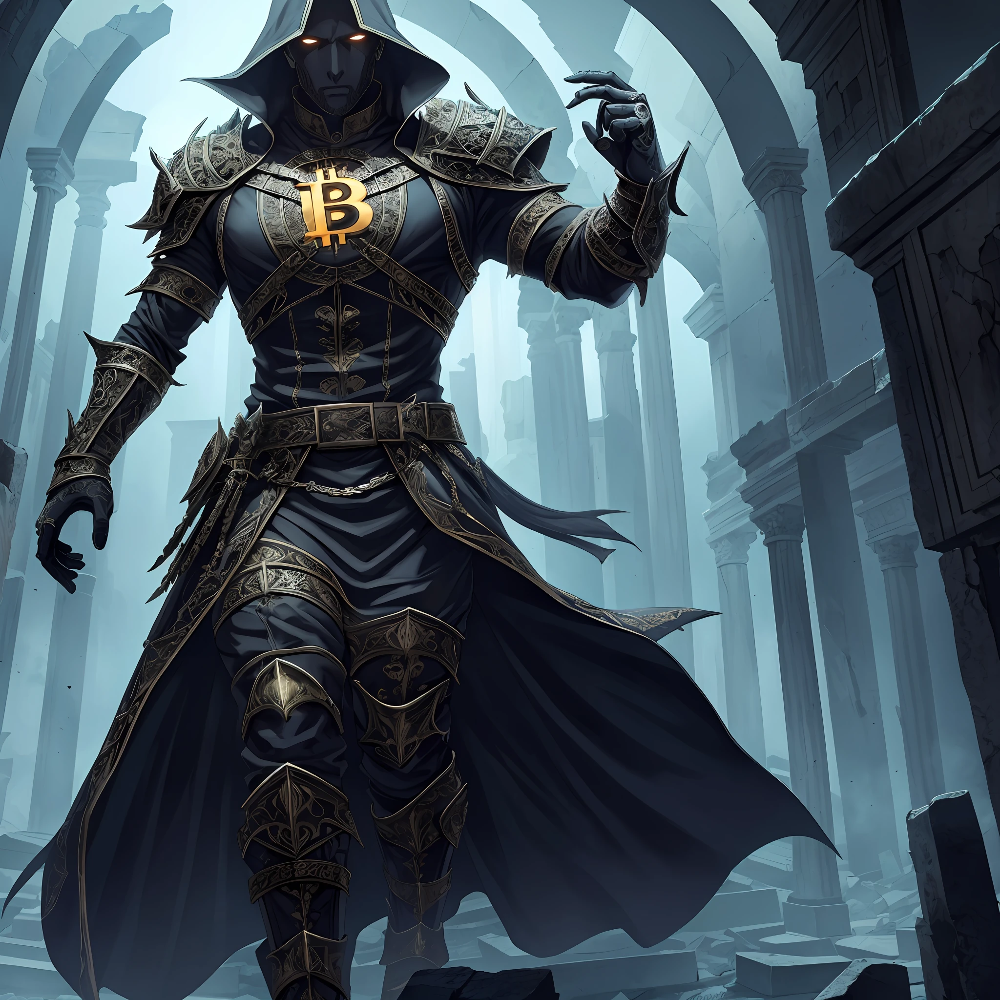(extremely detailed 8k wallpaper),a medium shot photo of a fearful necromancer, Intricate, High Detail, dramatic, holding a glowing bitcoin on left hand, walking inside ancient ruin