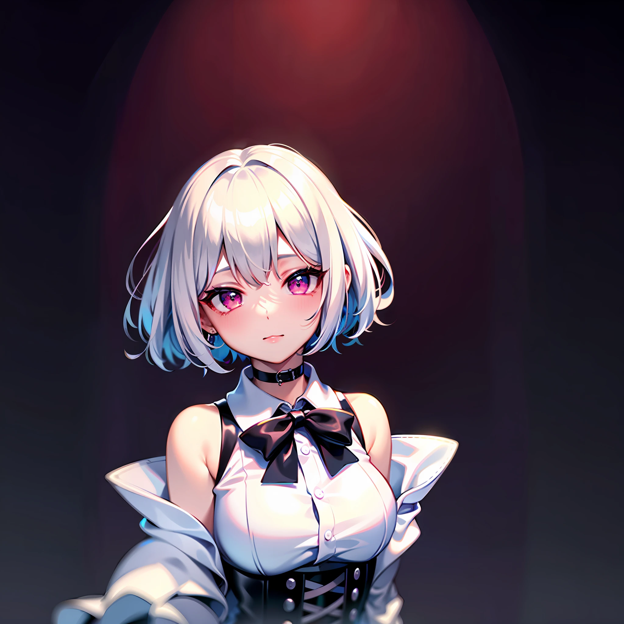 best quality, ultra high res, 1girl, sleeveless white button shirt, black skirt, black choker, cute, (Kpop idol), (aegyo sal:1), (platinum blonde hair:1), ((puffy eyes)), looking at viewer, full body, facing front