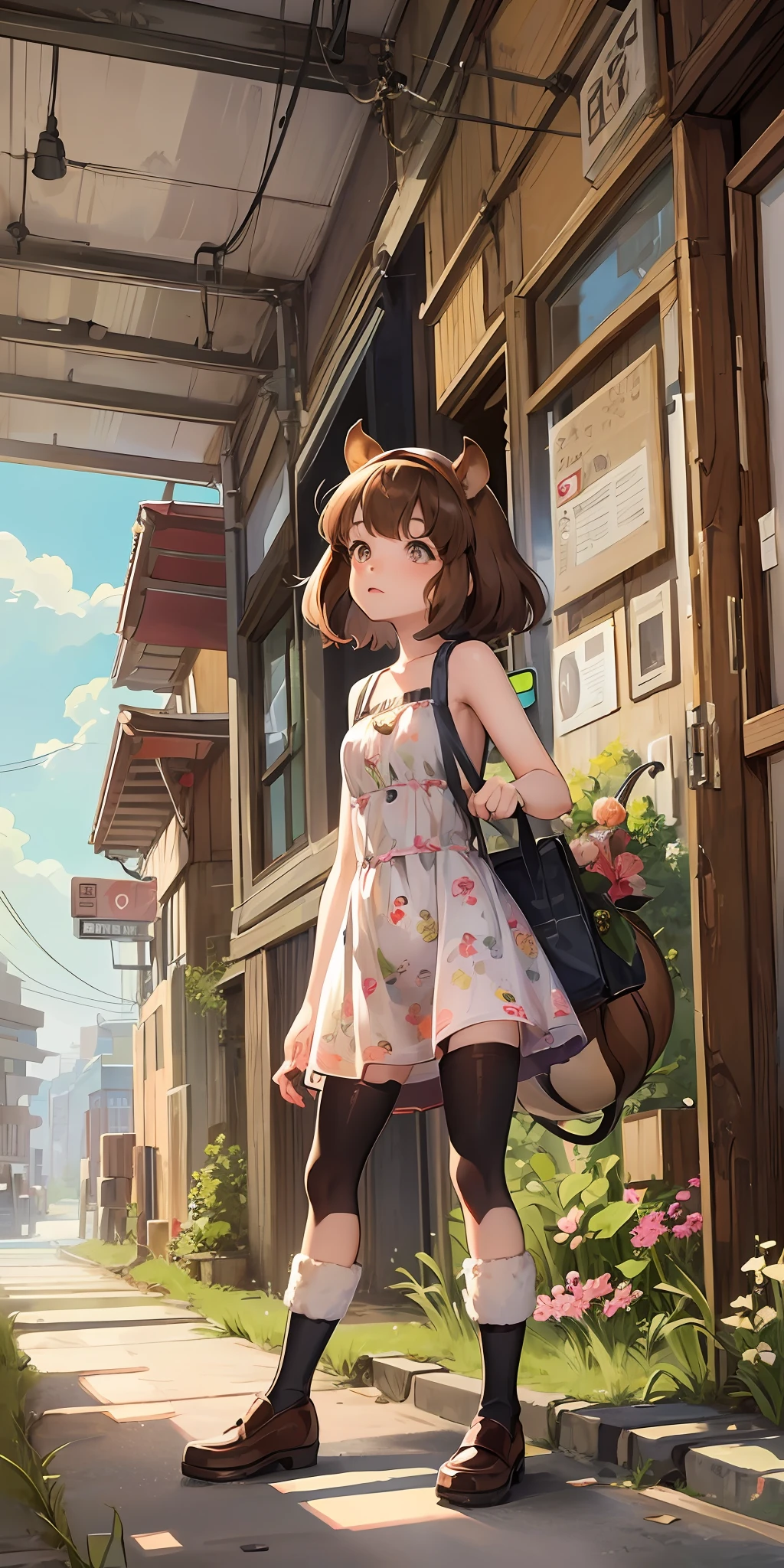 girl with small animal ears, squirrel girl, girl wearing floral dress, anime style, studio ghibli, girl with short brown hair, detailed background, deserted wasteland, post apocalyptic --auto --s2