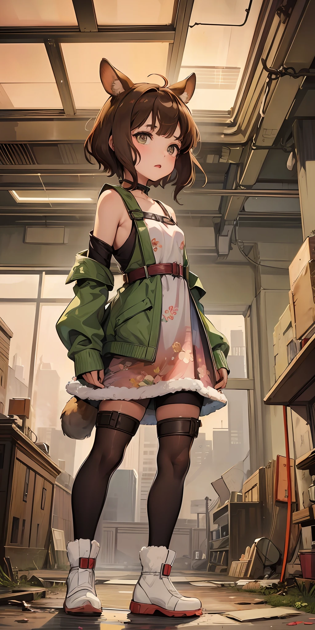 girl with small animal ears, squirrel girl, girl wearing floral dress, anime style, studio ghibli, girl with short brown hair, detailed background, deserted wasteland, post apocalyptic --auto --s2