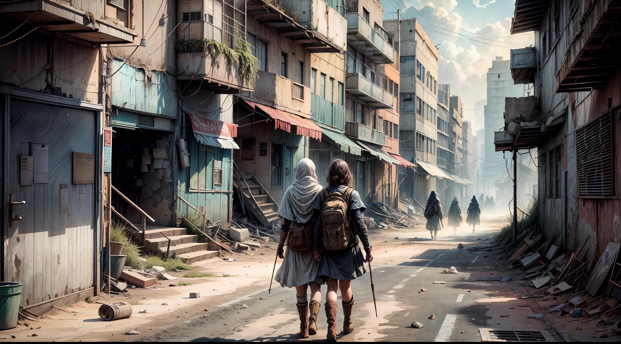Against the backdrop of a wasteland, a narrow, dirty alleyway stretches into the distance. Walking towards the camera are two figures, a 30-year-old woman and her 14-year-old daughter, their hands clasped together, symbolizing their unbreakable bond. The alleyway is littered with debris, broken glass, and overgrown vegetation, a stark reminder of the world's deterioration. The first woman, her face lined with determination, leads the way with a resolute stride. The second woman, her youthful face betraying a mix of innocence and resilience, follows closely, mirroring her mother's strength. The air is heavy with a sense of abandonment, and the distant horizon holds a mysterious promise. The scene encapsulates their journey through adversity and the hope they carry amidst the desolation. Illustration, digital art, with a muted color palette and textured linework to convey the gritty atmosphere of the wasteland
