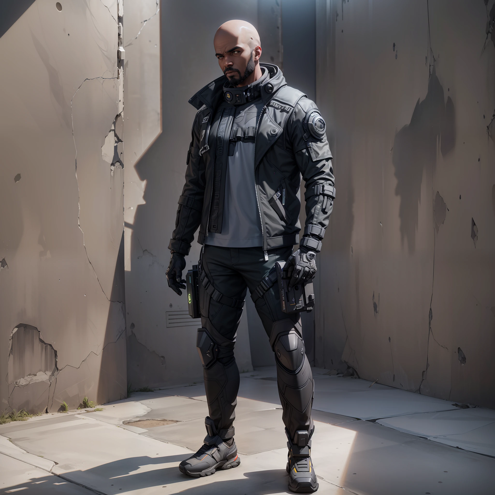 arafed 21 year old black man in grey and olive techwear standing in front scifi wall,dark skin bald head goatee and menacing look, watchdogs, high quality fingers, normal hands, detailed fingers, ((Best quality)), ((masterpiece)), (highly detailed:1.3),((full body shot, standing, leaning against wall)), 3D,HDR (High Dynamic Range), Ray Tracing, NVIDIA RTX, Super Resolution, Unreal 5, Subsurface Scattering, PBR Texturing, Post Processing, Anisotropic Filtering, Depth of Field, Maximum Clarity and Clarity, Multilayer Textures, Albedo and Specular map, Surface shading, accurate simulation of light-material interaction, perfect proportion, Octane Render, two-tone lighting, large aperture, low ISO, white balance, rule of thirds, 8K RAW, efficient sub-pixel, sub-pixel convolution, , --auto --s2