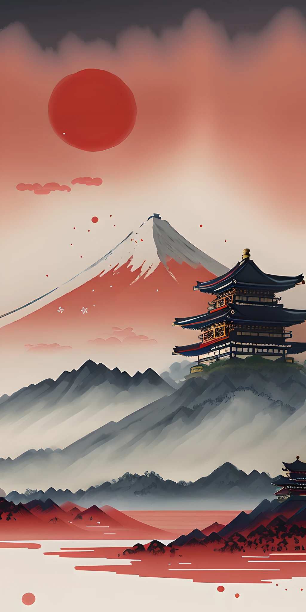 there is a painting of a mountain with a pagoda in the foreground, digital painting of a pagoda, inspired by Josetsu, japan watercolour, japanese style painting, traditional japanese painting, inspired by Torii Kiyomasu, inspired by Yoshida Hanbei, japanese art style, inspired by Torii Kiyomasu II, inspired by Torii Kiyomitsu