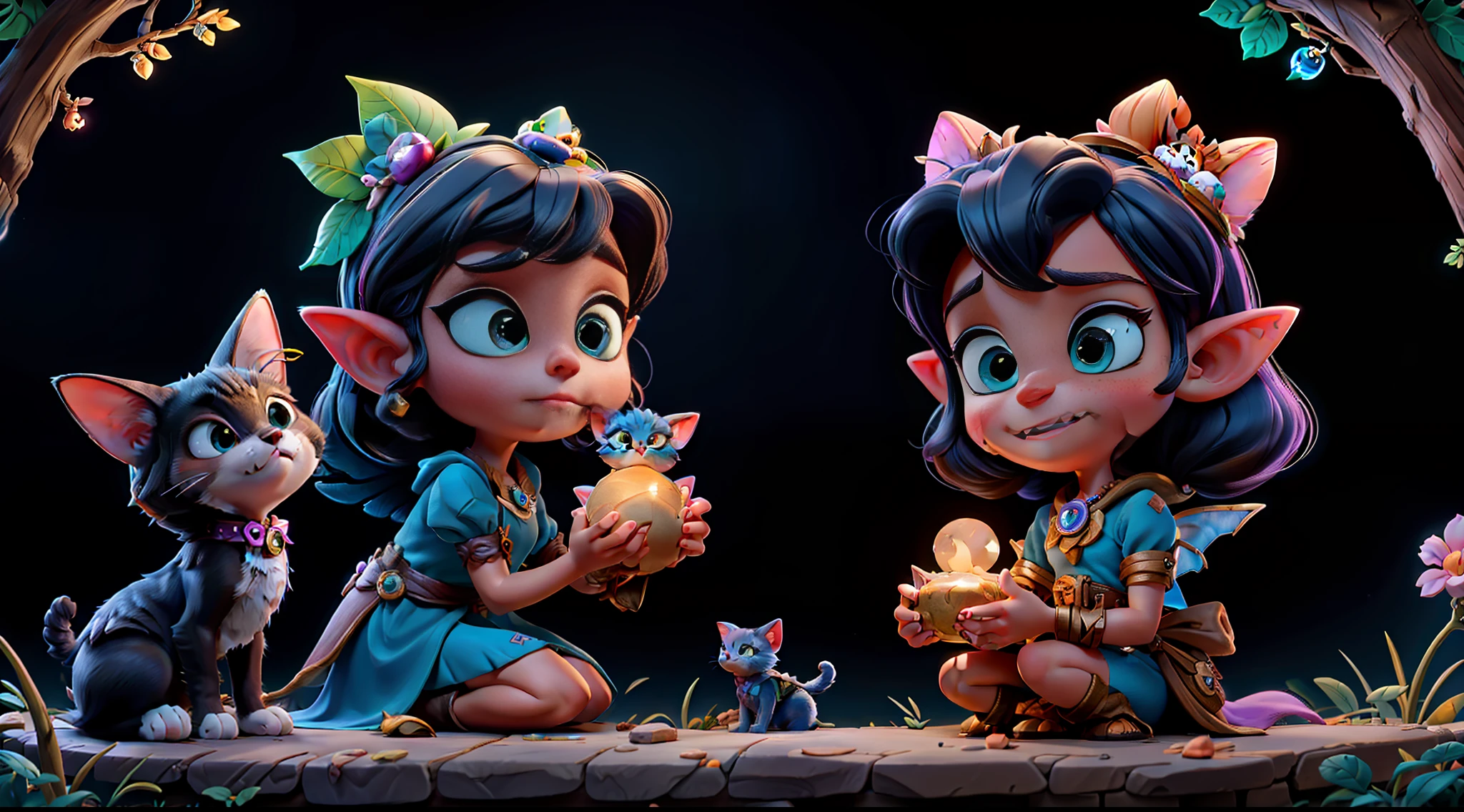 Sofia and her cat befriended a small fairy named Luna and a playful goblin named Pipo. Together, they decided to help Sofia find the treasure.