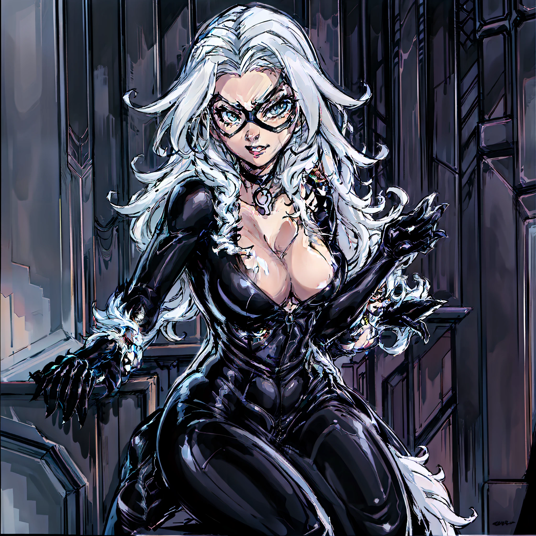 Black Cat, sitting, breasts, winking,