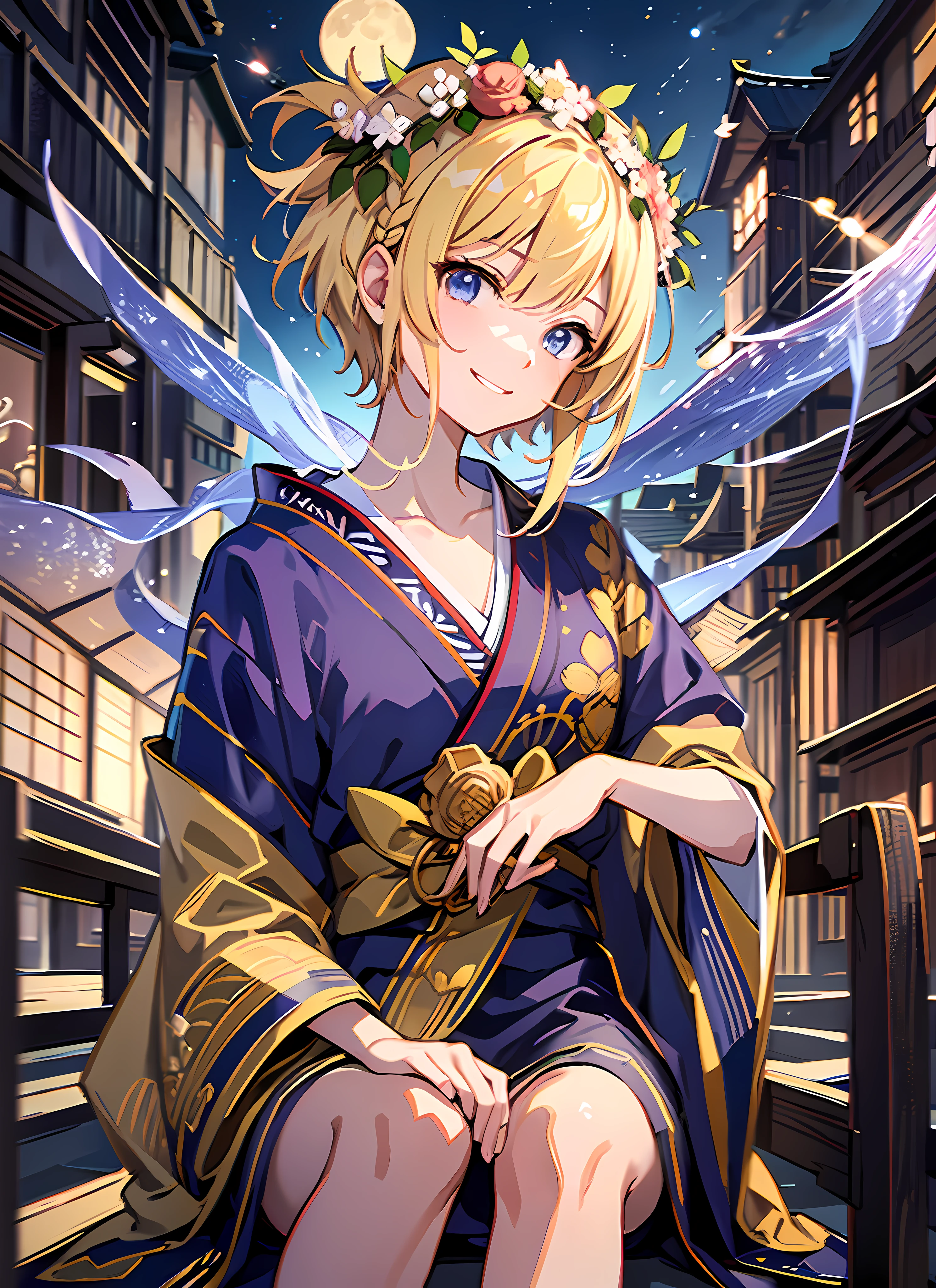 wreath in hair:1.5, legs_crossed:1.5, white shoes, female:2.0, yandere:1.3, anime screencap, 1woman, standing, wearing a golden kimono, blonde hair, short, short hair, pixie cut, full body, sitting down, bare legs, in the style of demon slayer, blue eyes, smiling, smug, wielding a Tessen, holding a Japanese fan, outside, nighttime, moon in the sky, pagoda, road, lanterns, red gates, high resolution, looking at the viewer, short hair, edo period, masterpiece, best quality, sharp, anime screencap, detailed eyes, looking at the viewer, good hands, five fingers, vibrant, colorful, amazing quality, better fingers, five fingers, detailed hands, detailed eyes, masterpiece, best quality, anime style, demon slayer, best hands, absurd resolution,