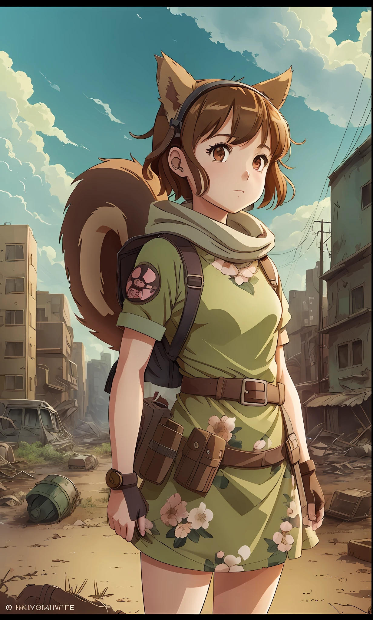 girl with small animal ears, squirrel girl, girl wearing floral dress, anime style, studio ghibli, girl with short brown hair, detailed background, deserted wasteland, ((post apocalyptic)) --auto --s2