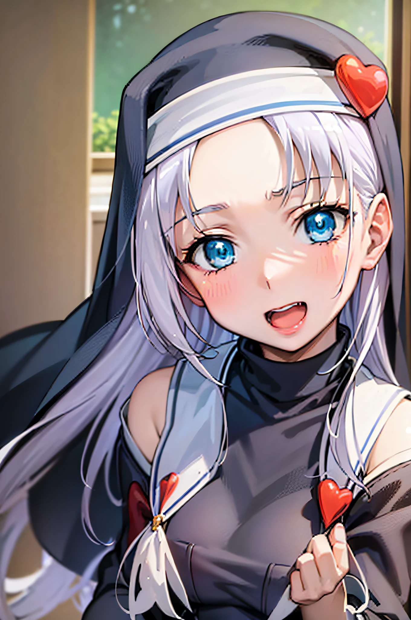 (best quality:1.1), (masterpiece:1.4), (absurdres:1.0), portrait, close-up,
1girl, takayama maria, silver hair, flat chest, blue eyes, long hair, nun, looking at viewer, classroom, smile,