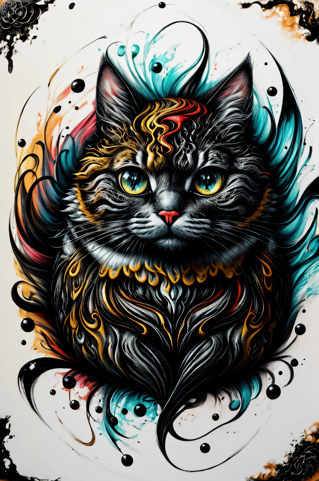 Colorful, cute cat, splash, disembodied head, Black ink flow, photorealistic, intricately detailed, gouache, calligraphy, acrylic, (buttercream:1.5), 8k concept art, complex, elegant, expansive, fantastical, (style-paintmagic)