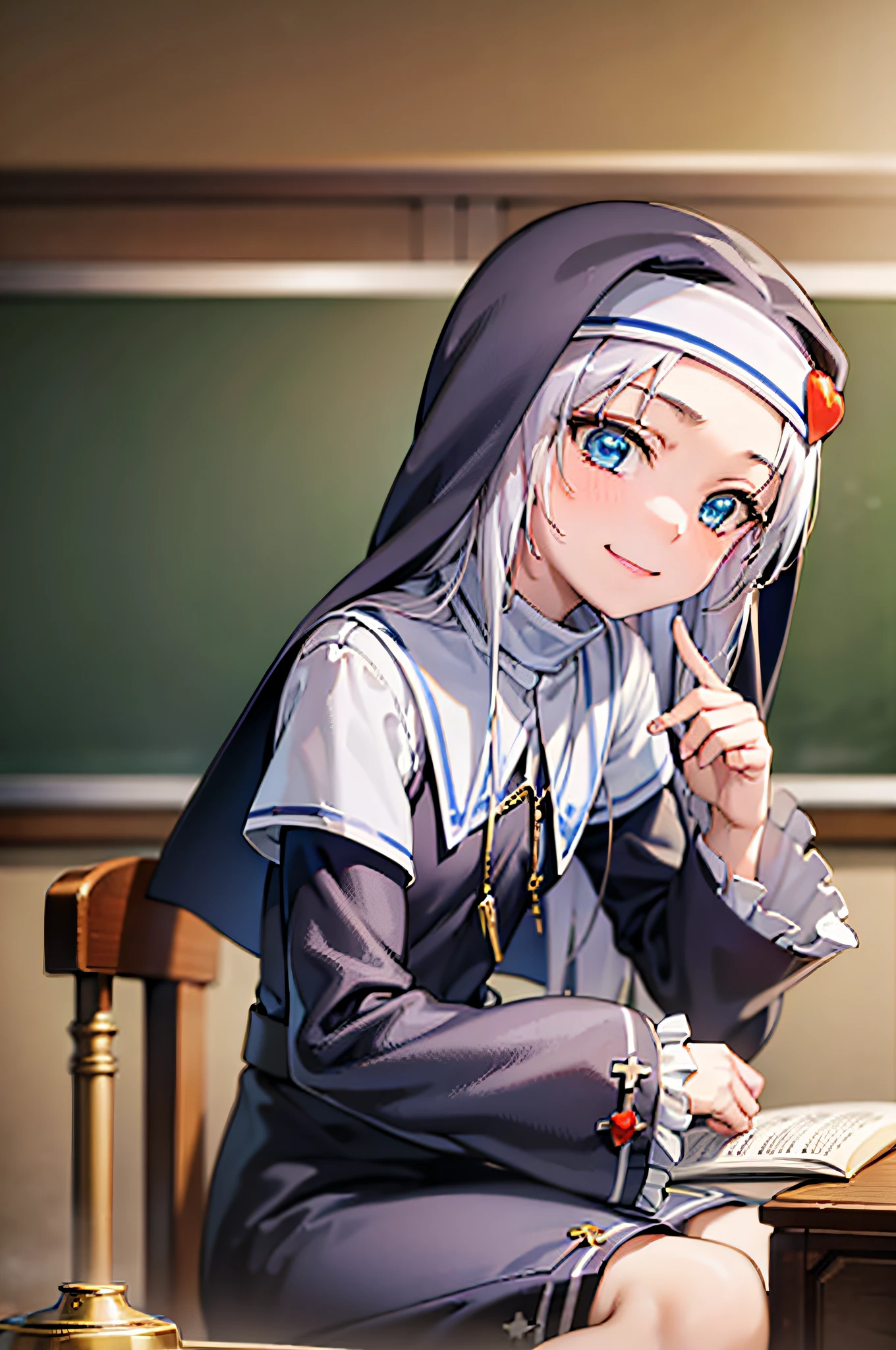 (best quality:1.1), (masterpiece:1.4), (absurdres:1.0), portrait, close-up,
1girl, takayama maria, silver hair, flat chest, blue eyes, long hair, nun, looking at viewer, classroom, smile,