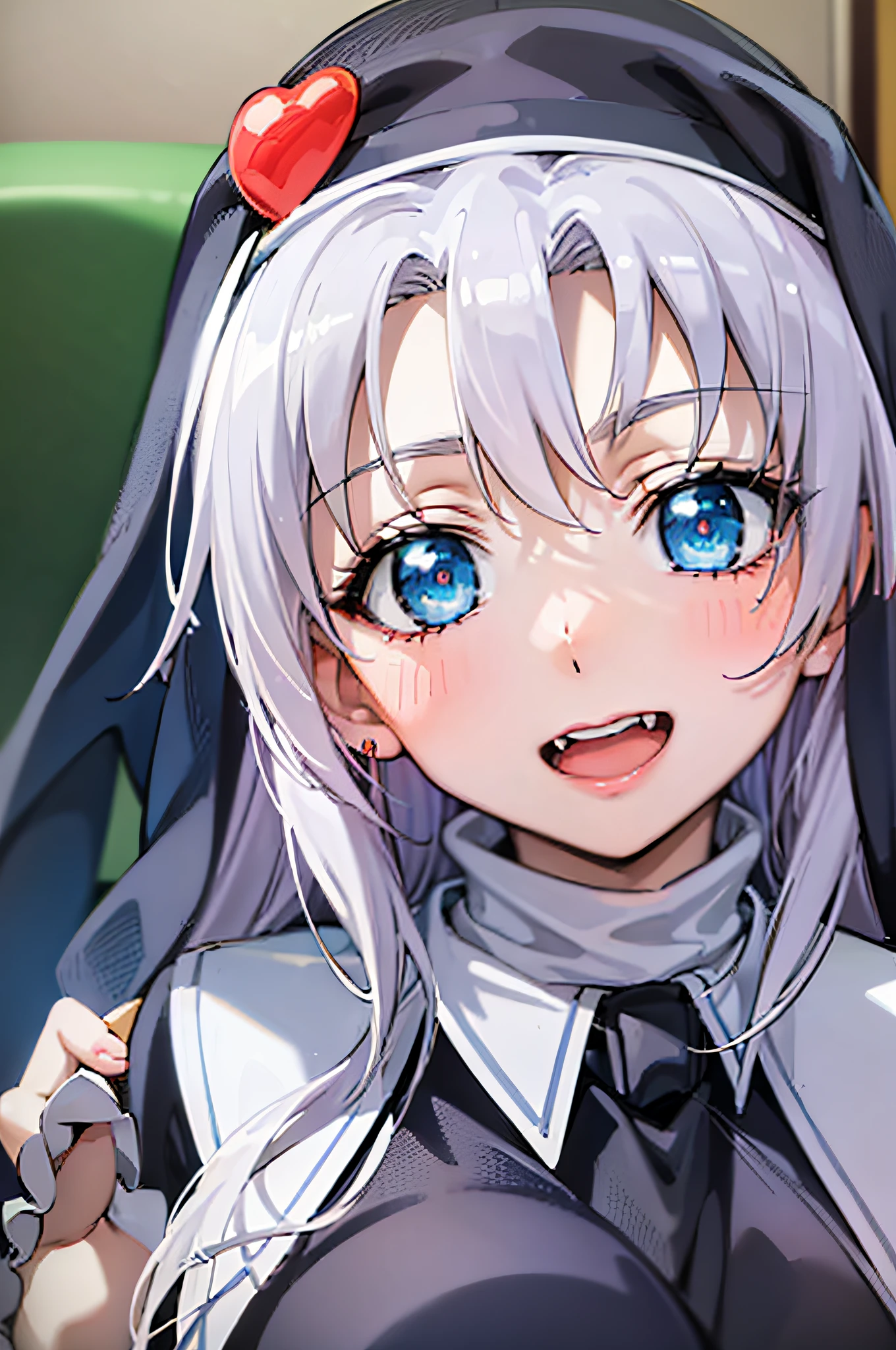 (best quality:1.1), (masterpiece:1.4), (absurdres:1.0), portrait, close-up,
1girl, takayama maria, silver hair, flat chest, blue eyes, long hair, nun, looking at viewer, classroom, smile,