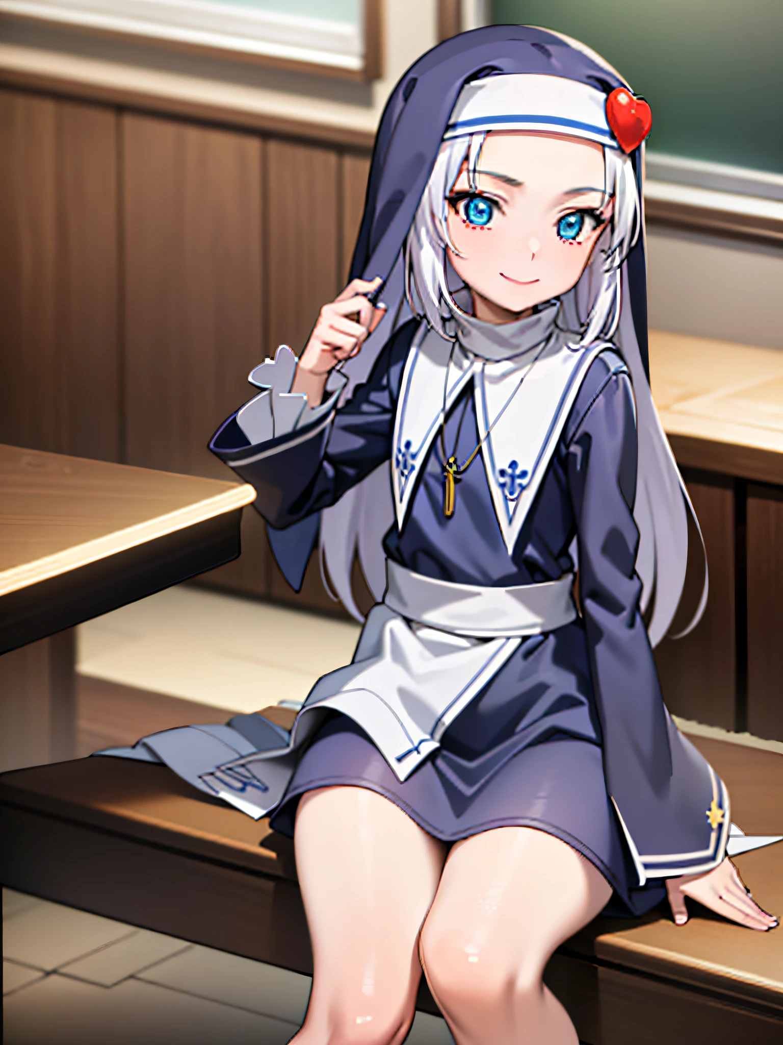 (best quality:1.1), (masterpiece:1.4), (absurdres:1.0), portrait, close-up, 1girl, takayama maria, silver hair, flat chest, blue eyes, long hair, nun, looking at viewer, classroom, smile,