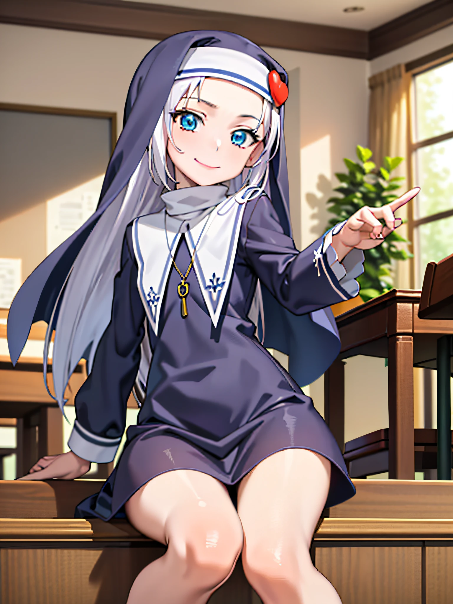 (best quality:1.1), (masterpiece:1.4), (absurdres:1.0), portrait, close-up, 1girl, takayama maria, silver hair, flat chest, blue eyes, long hair, nun, looking at viewer, classroom, smile,