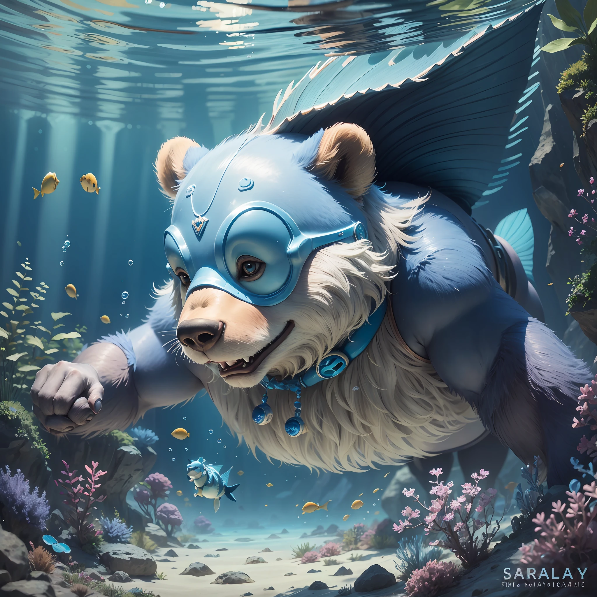 Disney fairy tale. Cheerful and funny Diving Bear for fish, wearing a snorkeling mask, blue rubber fins on his paws for swimming, breathing tube in his mouth, close-up, dark muted pastel colors, Disney Pixar cartoon, super realistic, cinematic, many details, underwater blurred fantasy background --auto --s2