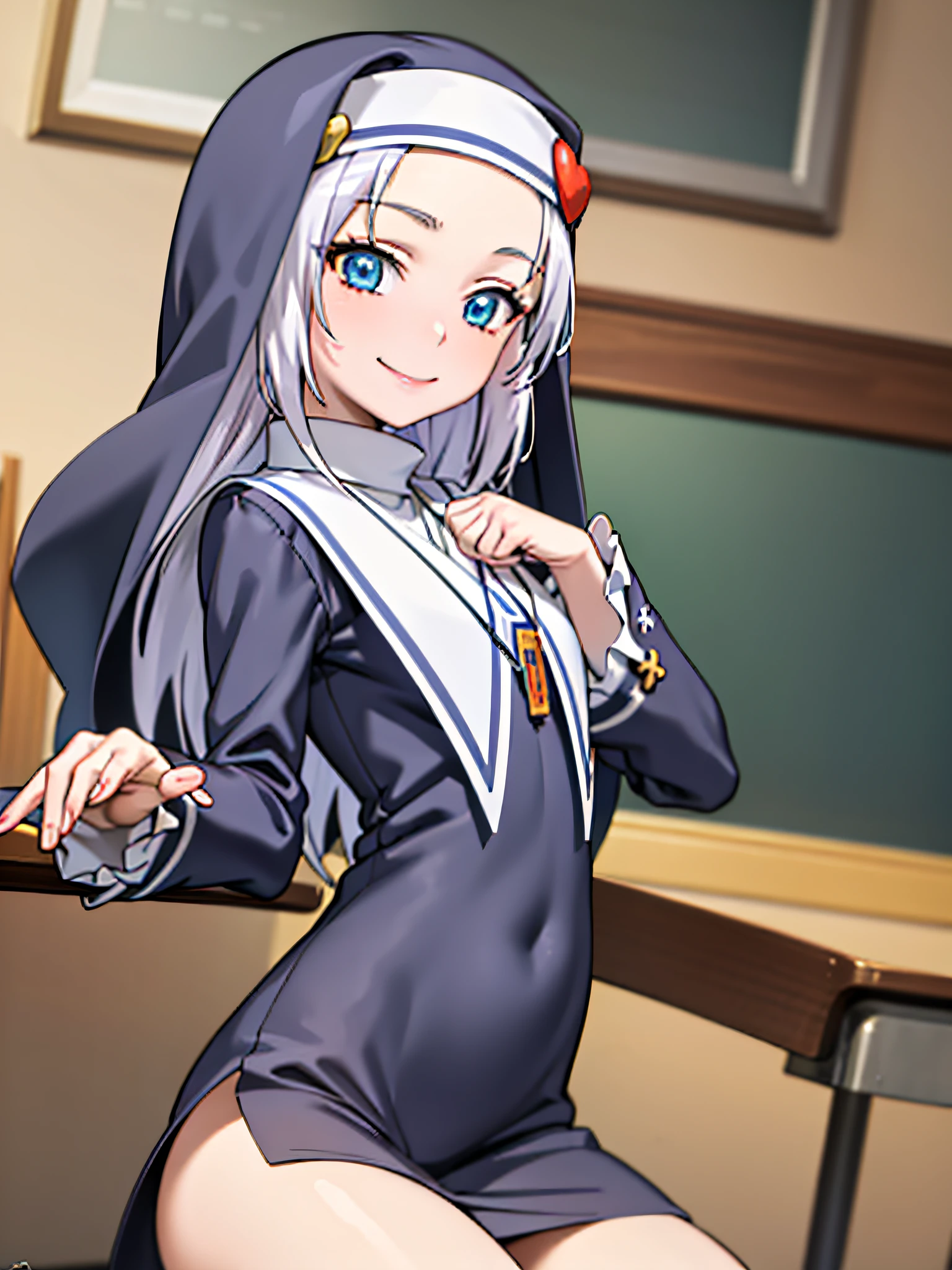 (best quality:1.1), (masterpiece:1.4), (absurdres:1.0), portrait, close-up, 1girl, takayama maria, silver hair, flat chest, blue eyes, long hair, nun, looking at viewer, classroom, smile,