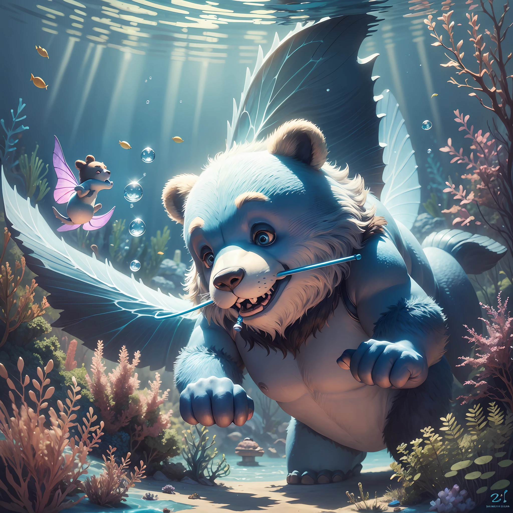 Disney fairy tale. Cheerful and funny Diving Bear for fish, wearing a snorkeling mask, blue rubber fins on his paws for swimming, breathing tube in his mouth, close-up, dark muted pastel colors, Disney Pixar cartoon, super realistic, cinematic, many details, underwater blurred fantasy background --auto --s2