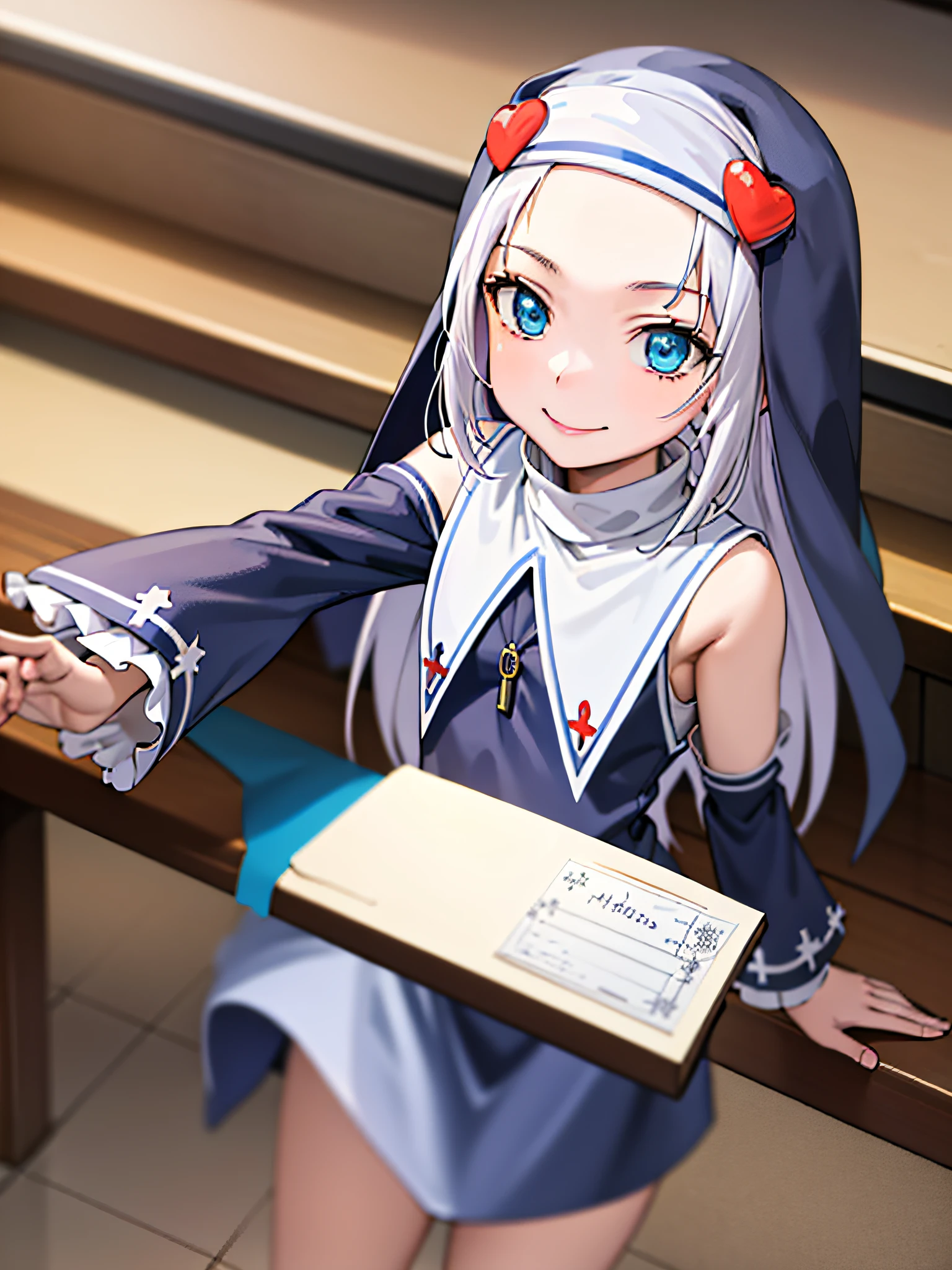 (best quality:1.1), (masterpiece:1.4), (absurdres:1.0), portrait, close-up, 1girl, takayama maria, silver hair, flat chest, blue eyes, long hair, nun, looking at viewer, classroom, smile,