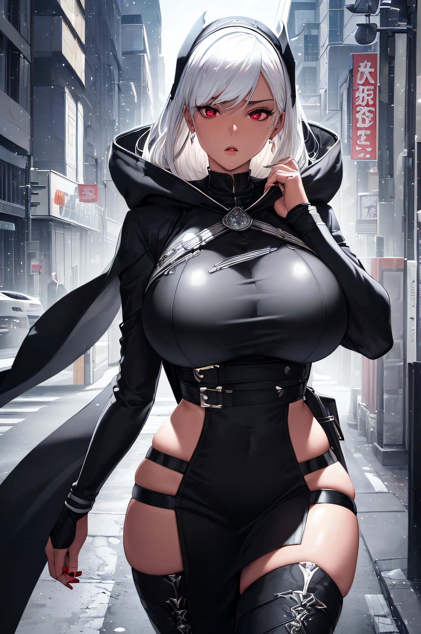 kk, (((best art possible, wonder cover, black voluptuous woman, white hair)))), best quality, more details, masterpiece, 1gilr, , portrait, focus huge breasts, red eyes, solo, bangs, looking at the viewer, hood, short hair, rain, tokyo tokyo \(city\), hood, nail polish, white hair, luxurious, 8k, detailed, ray tracing, depth of field, cinematic lighting,