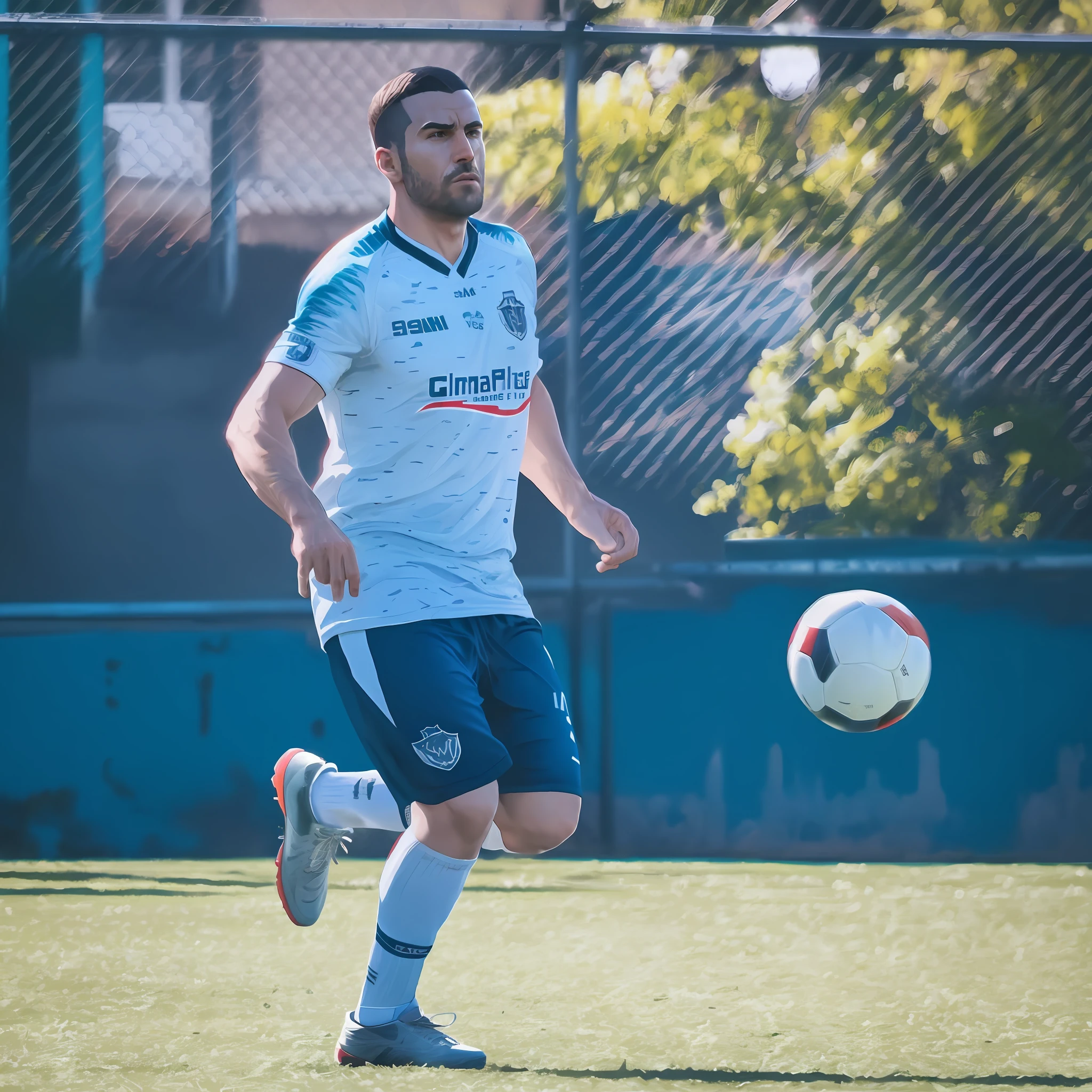 There is a man who is kicking a soccer ball on the field,middle-action, playing dynamic action shooting gta san andreas style