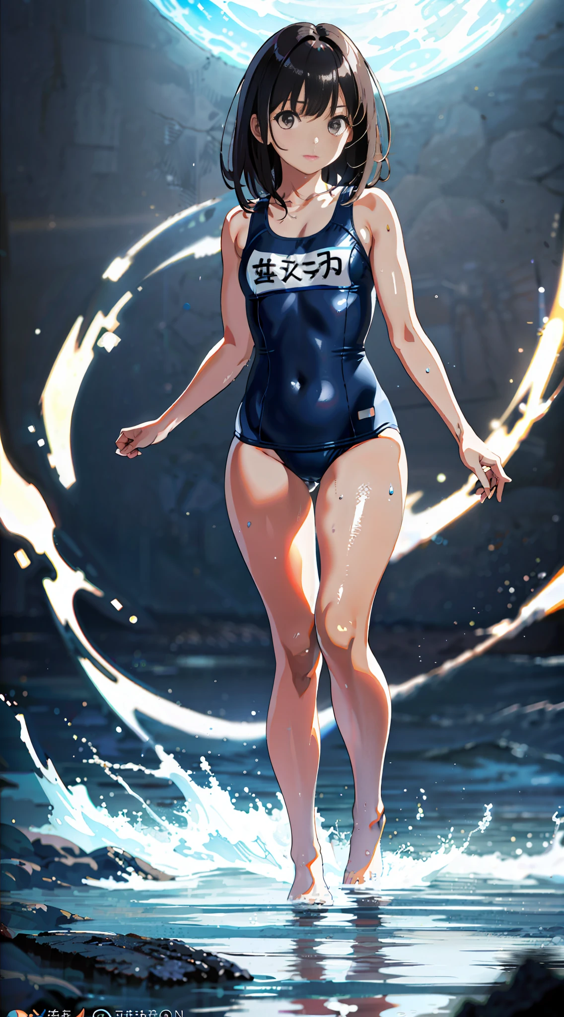 Bangs, Best Quality, Masterpiece, Ultra High Resolution, (Photorealistic: 1.4), Raw Photo, 1 Girl, Dark Hair, Glossy Skin, WET BODY, Dramatic Lighting, Full Body,, Colossal Best Quality, Masterpiece, Ultra High Definition, (Photorealistic: 1.4), Raw Photo, 1 Girl, Dark Hair, Glossy Skin, WET BODY, Dramatic Lighting, Full Body, Colossal,, sexy, loli,, lolicon, girl, body, school-specified swimsuit, G cup, tight swimsuit, thin fabric underwear, virgin, erotic, exposure, masturbation