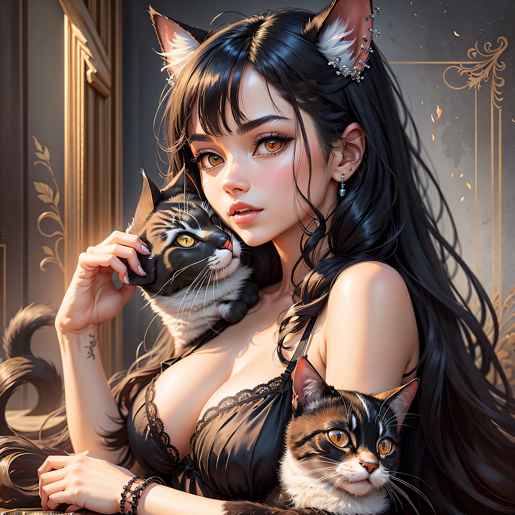 The scene conveys a mixture of sweetness, sensuality and love for cats. The cute girl with long black hair enchants with her piercing gaze and sensual pose, while the cats around her represent love and connection with animals. The black lingerie adds a touch of seduction, perfectly balancing the delicacy and sensuality of the image