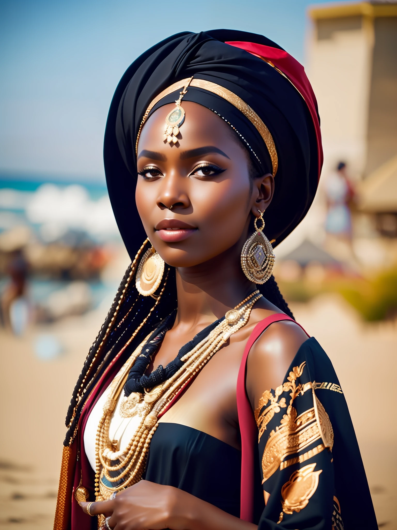 fking_scifi, fking_scifi_v2, portrait of a young very beautiful African woman, in front of a beach, rich colorful clothes, turban and golden african jewelry, close up, regal pose and attitude. fking_cinema_v2. fking_cinema_v2