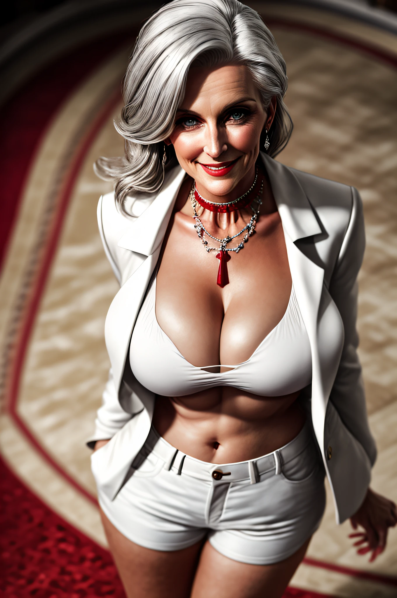masterpiece, best quality, diantha, grey hair, choker, necklace, white coat, white shirt, white shorts, large breasts, cowboy shot, looking at viewer, smile, closed mouth, from above, red carpet masterpiece, best quality, diantha, grey hair, choker, necklace, white coat, white shirt, white shorts, large breasts, cowboy shot, looking at viewer, smile, closed mouth, from above, red carpet